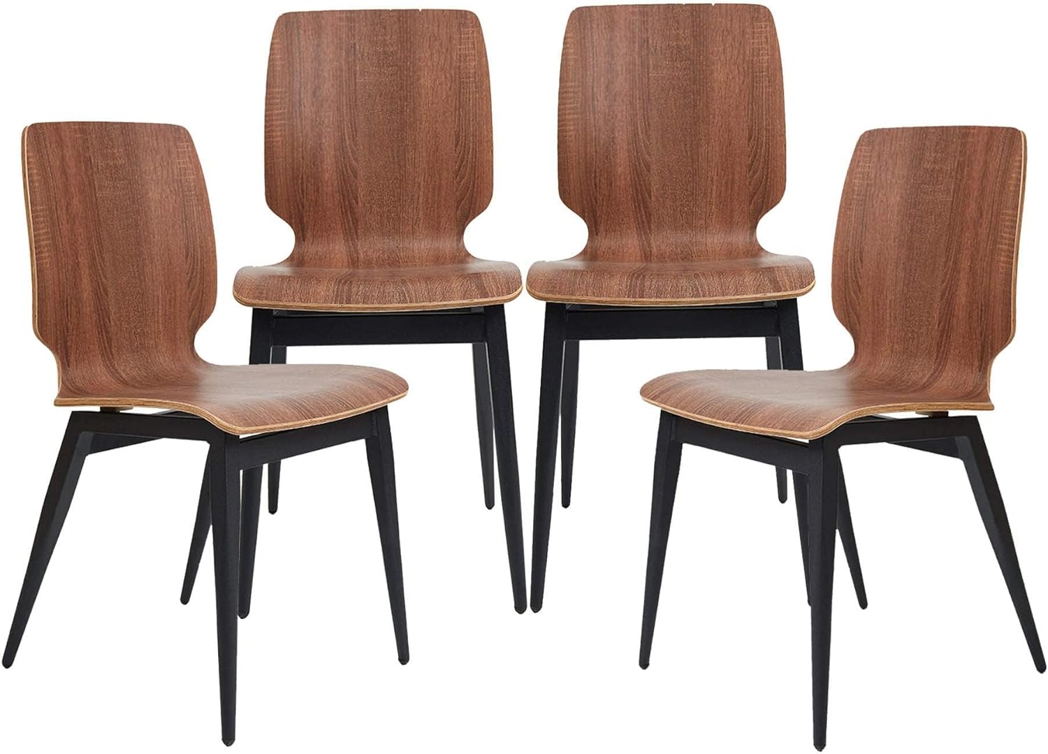 LUCKYERMORE Set of 4 Modern Kitchen Chairs with Wooden Seats Metal Legs Dining Side Chair, Brown Curved Edge