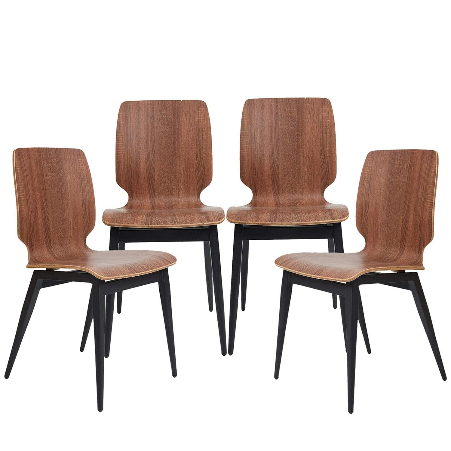 LUCKYERMORE Set of 4 Modern Kitchen Chairs with Wooden Seats Metal Legs Dining Side Chair, Brown Curved Edge