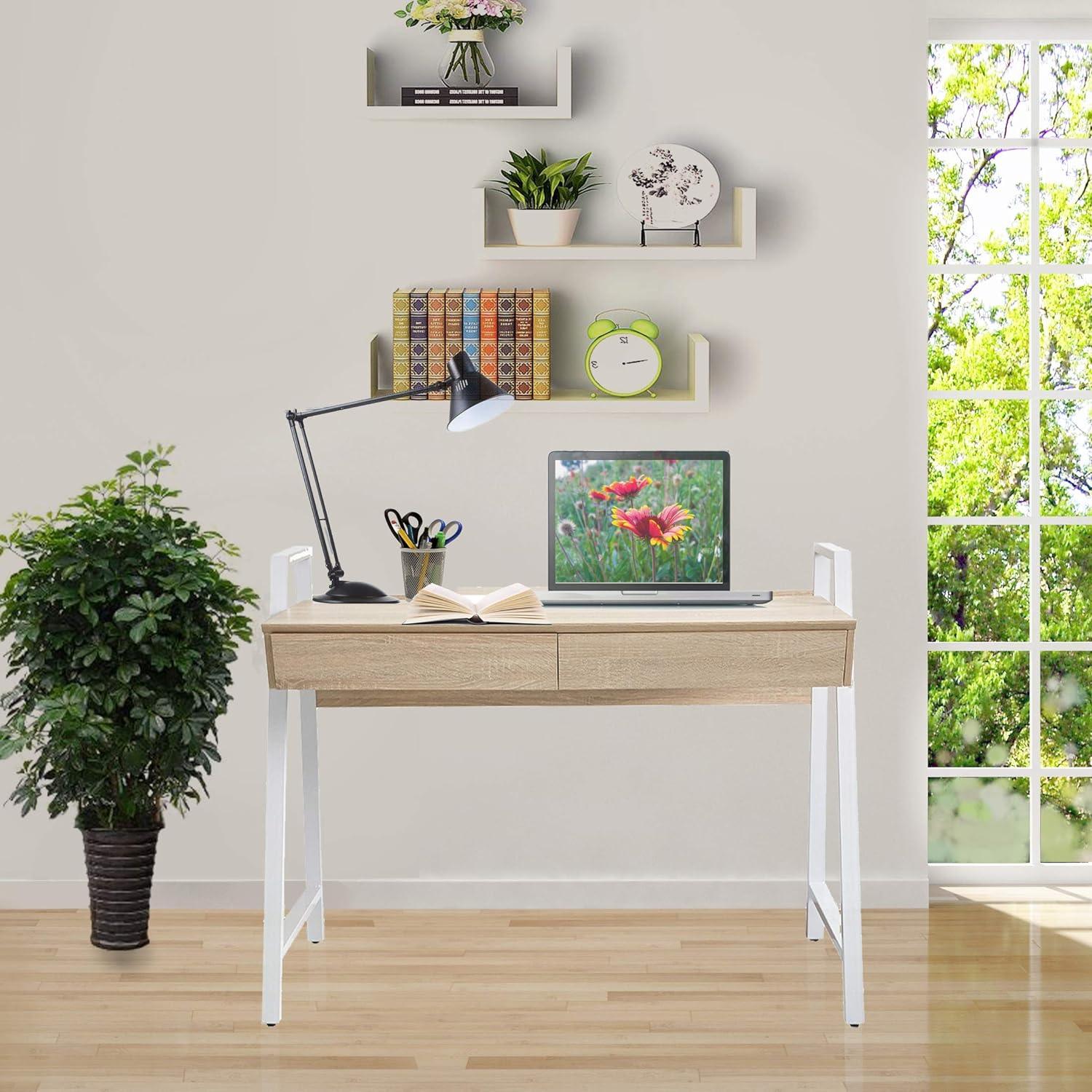50" Computer Desk with 2 Drawers Wood Home Office Desk Work Table, White - Luckyermore