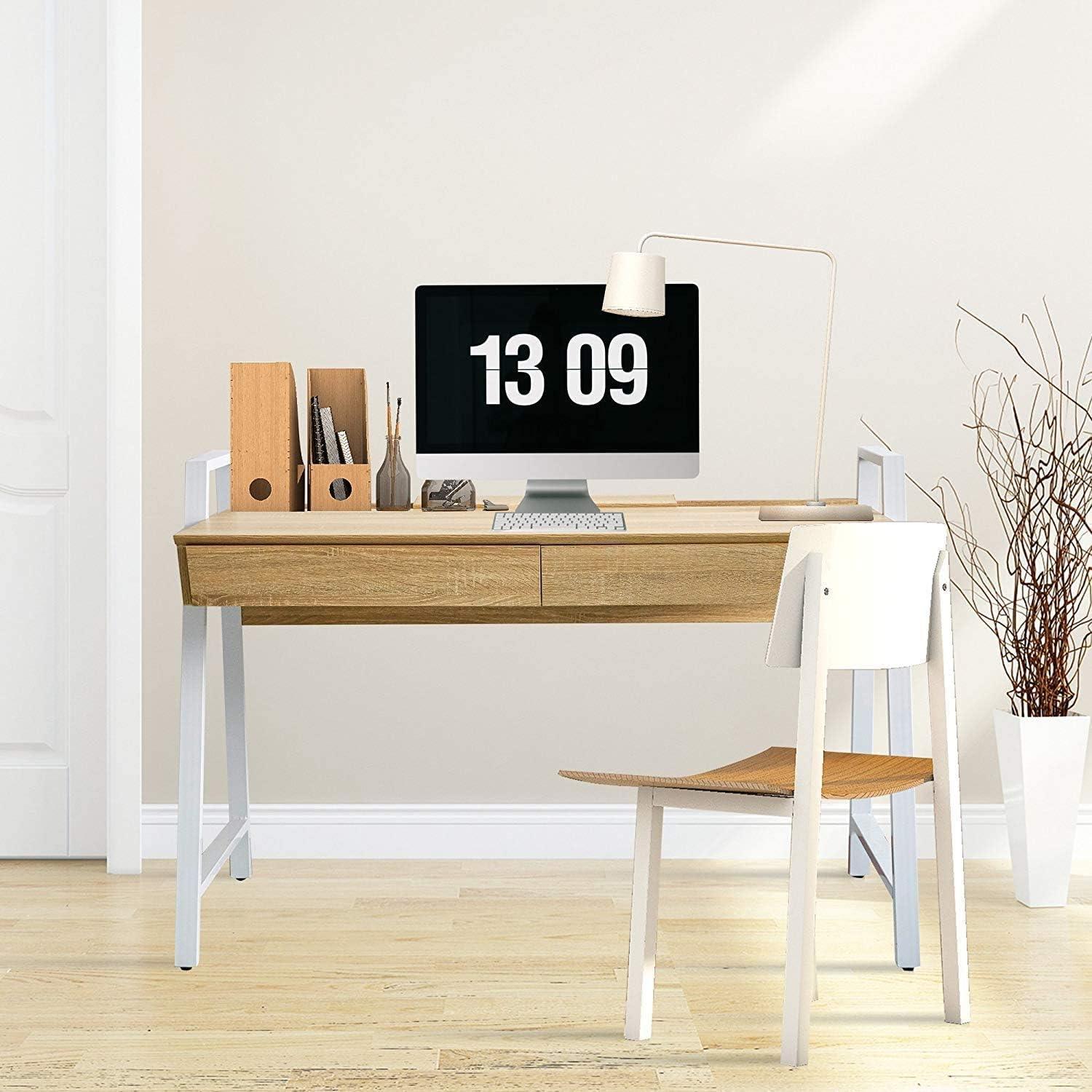 50" Computer Desk with 2 Drawers Wood Home Office Desk Work Table, White - Luckyermore