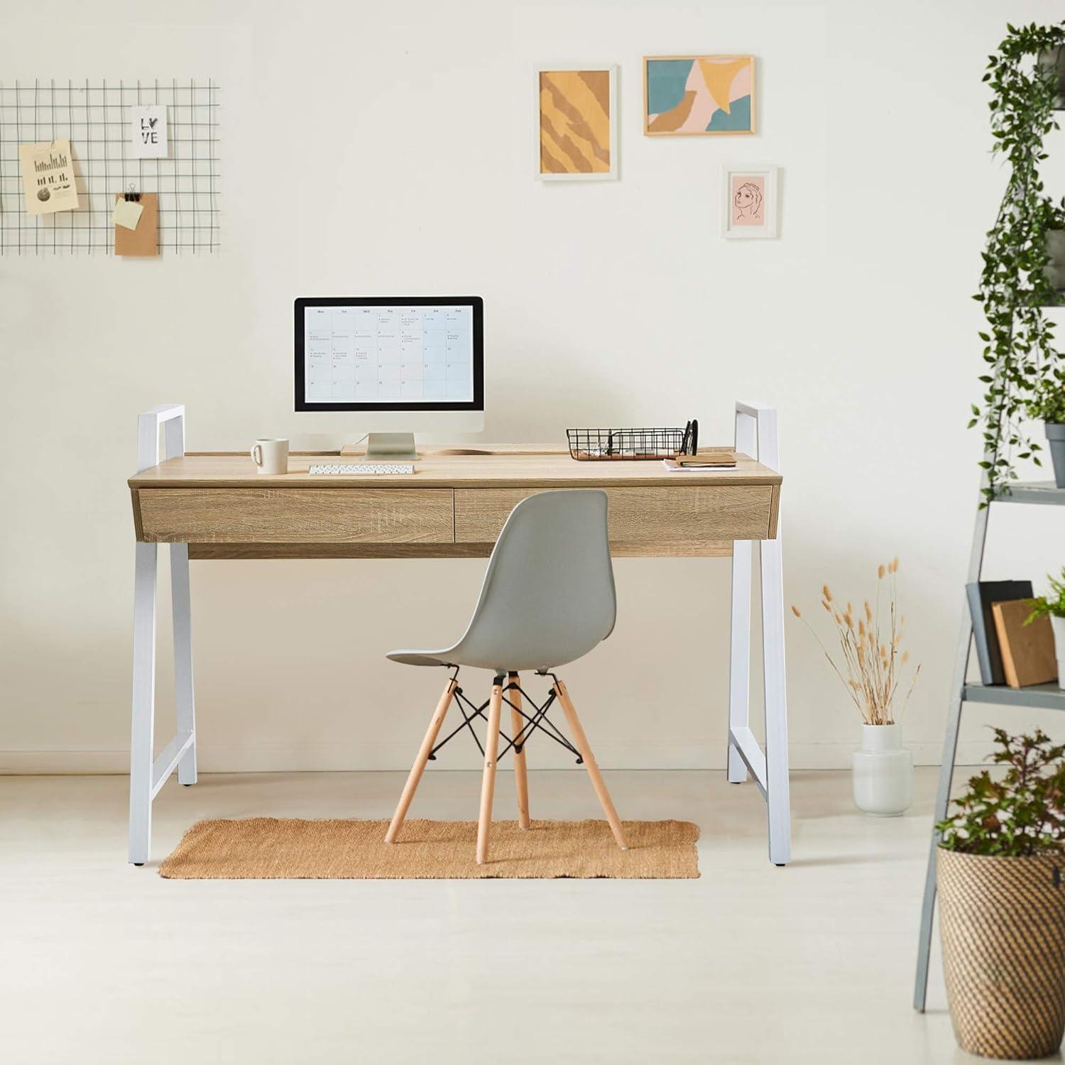 50" Computer Desk with 2 Drawers Wood Home Office Desk Work Table, White - Luckyermore
