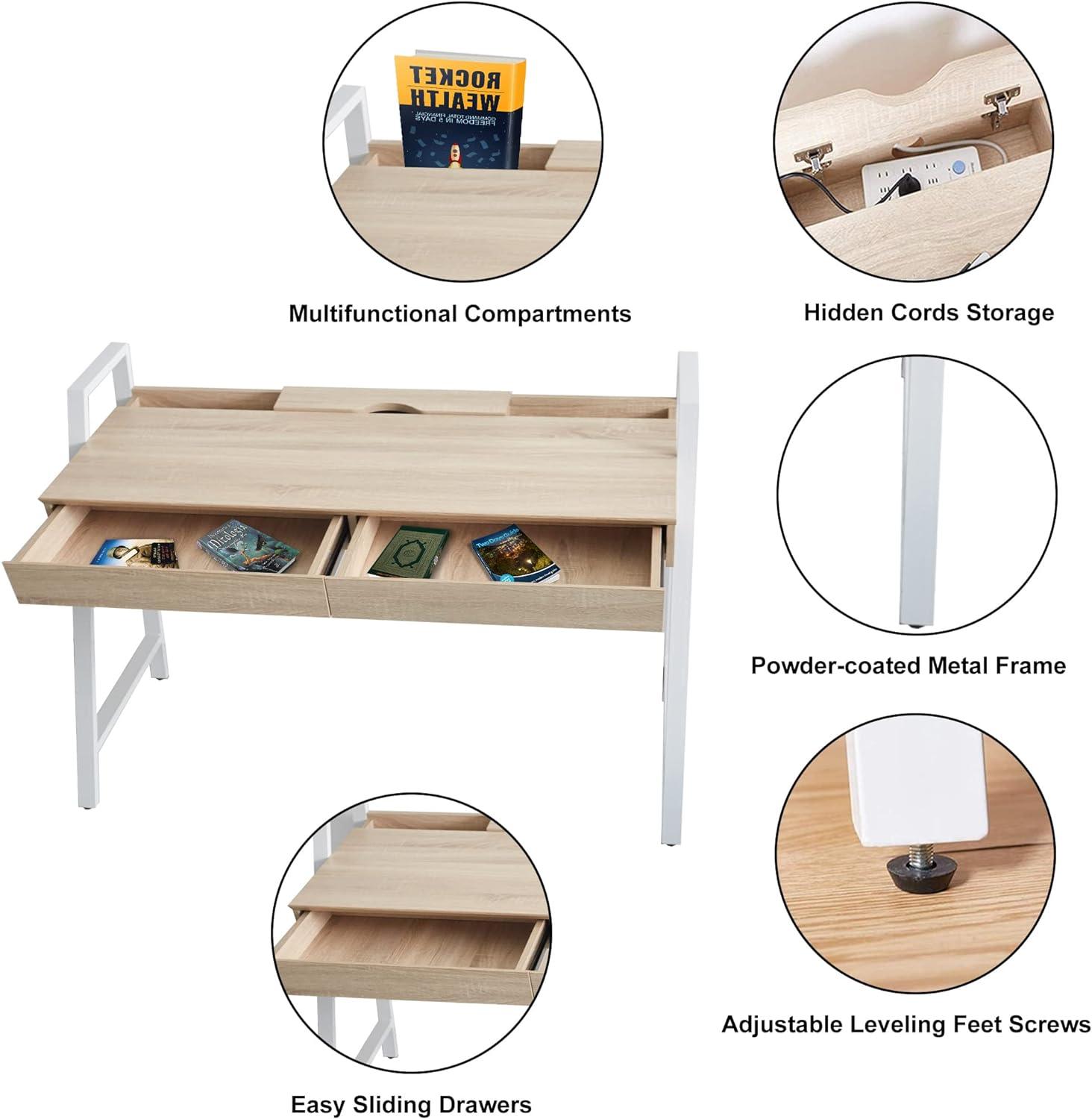 50" Computer Desk with 2 Drawers Wood Home Office Desk Work Table, White - Luckyermore