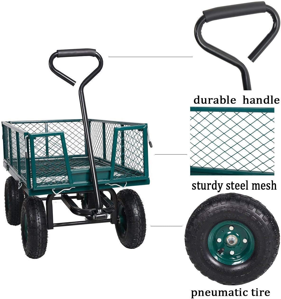 Utility Wagon Garden Cart Heavy Duty Steel Farm Cart with Removable Folding Sides