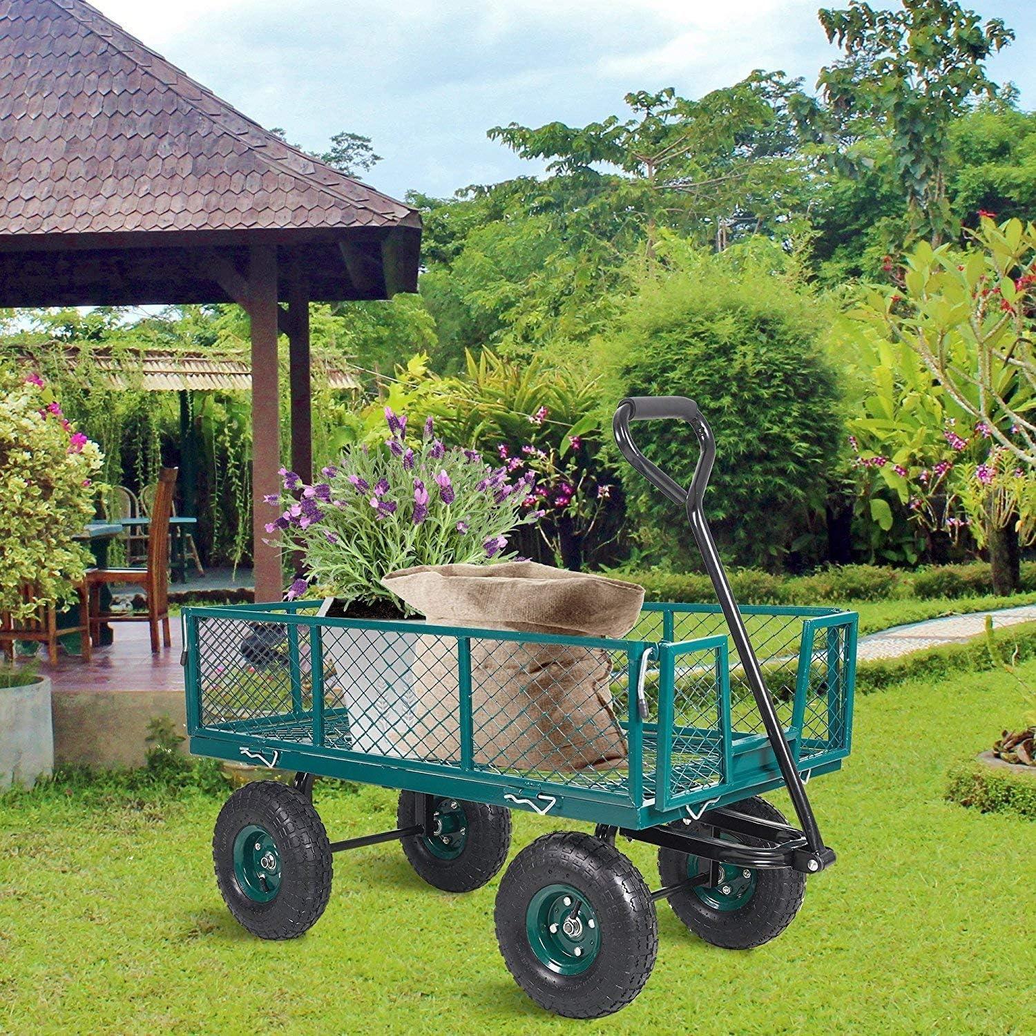 Utility Wagon Garden Cart Heavy Duty Steel Farm Cart with Removable Folding Sides