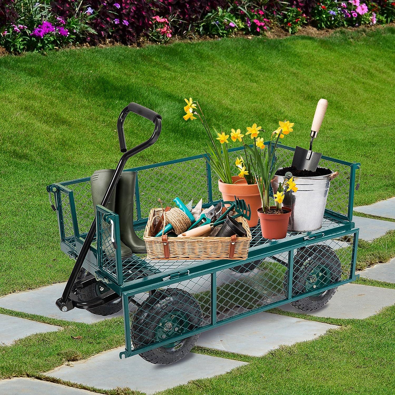 Utility Wagon Garden Cart Heavy Duty Steel Farm Cart with Removable Folding Sides - Luckyermore