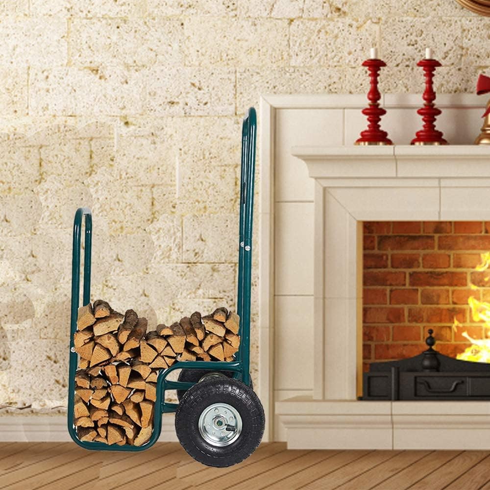 Firewood Log Rack Carrier Cart Wood Rack Storage Mover with Rolling Wheel