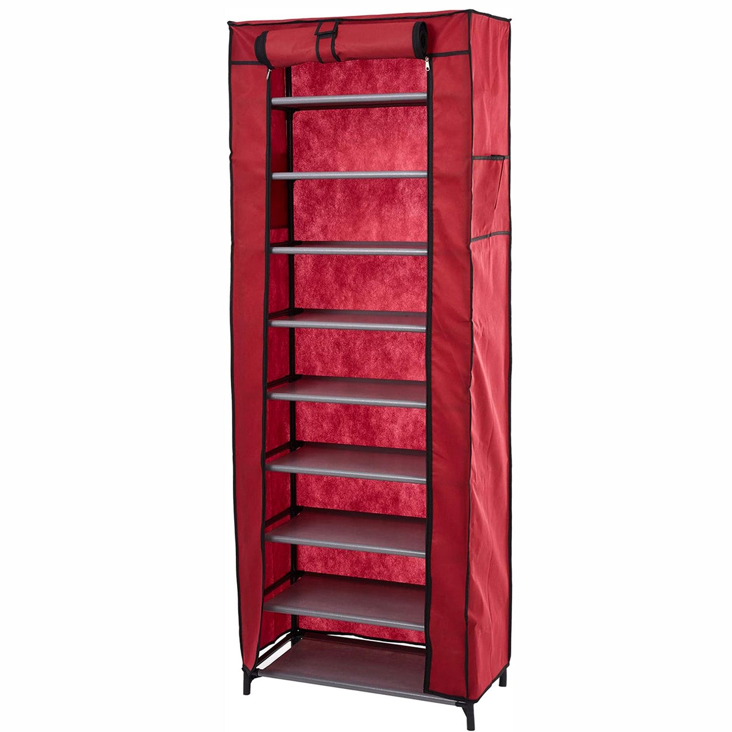 LUCKYERMORE 10 Tiers Shoe Rack with Dustproof Cover Shoes Storage Cabinet Boot Organizer, Red