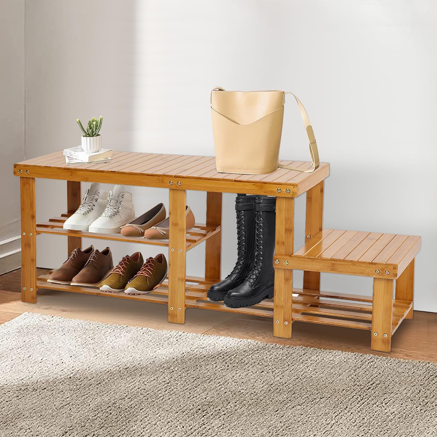 2-Tier Bamboo Shoe Rack Bench Entryway Functional Rack Shelf Plant Stand Storage Bench