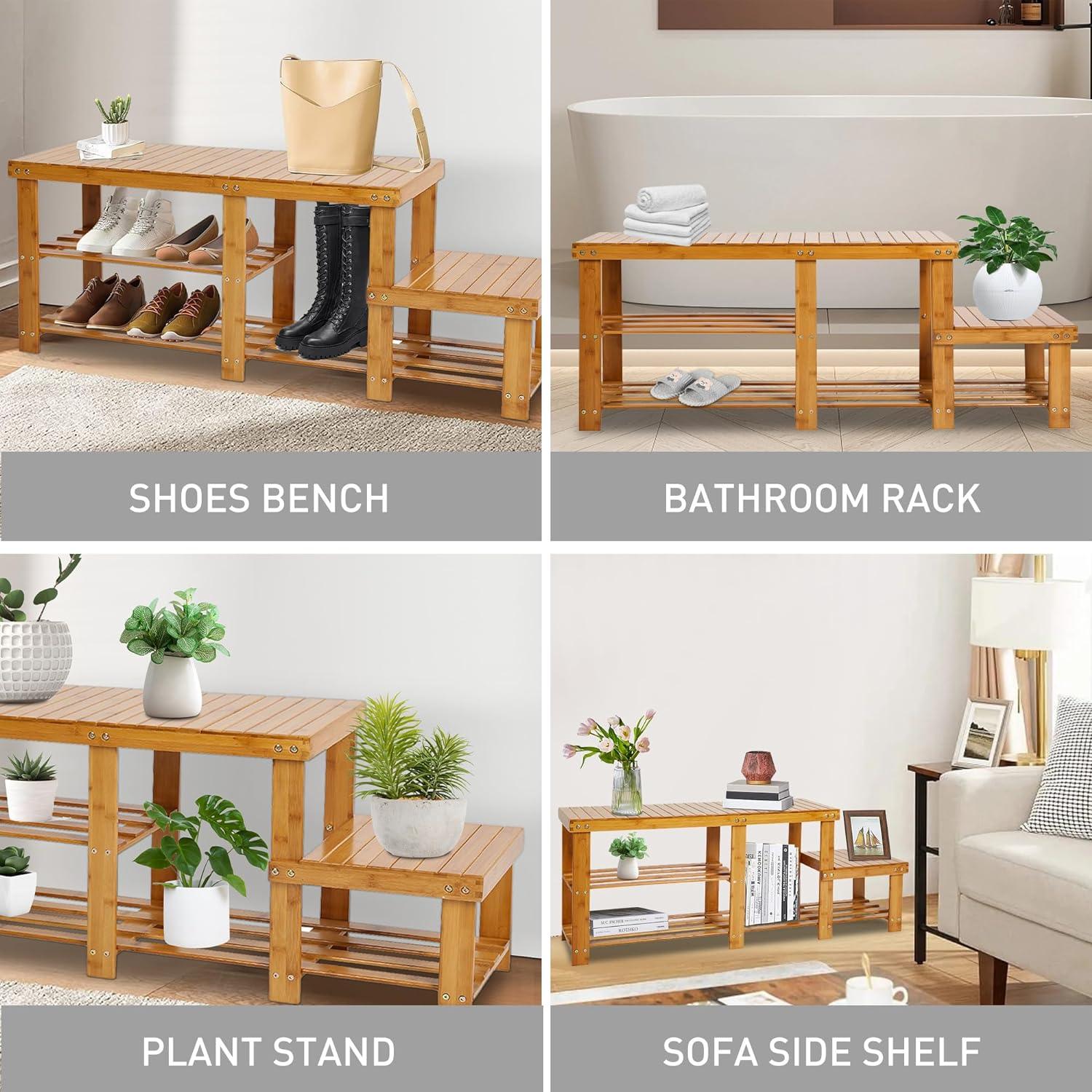 2-Tier Bamboo Shoe Rack Bench Entryway Functional Rack Shelf Plant Stand Storage Bench