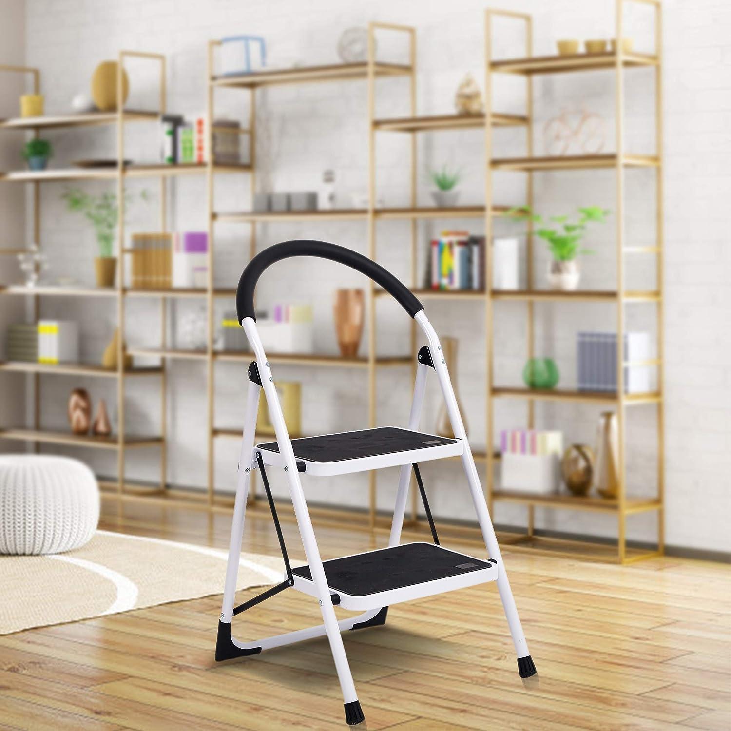 LUCKYERMORE 2 Step Ladder Folding Step Stool with Soft Grip Handle and Anti-Slip Wide Pedal, 330 lbs Capacity