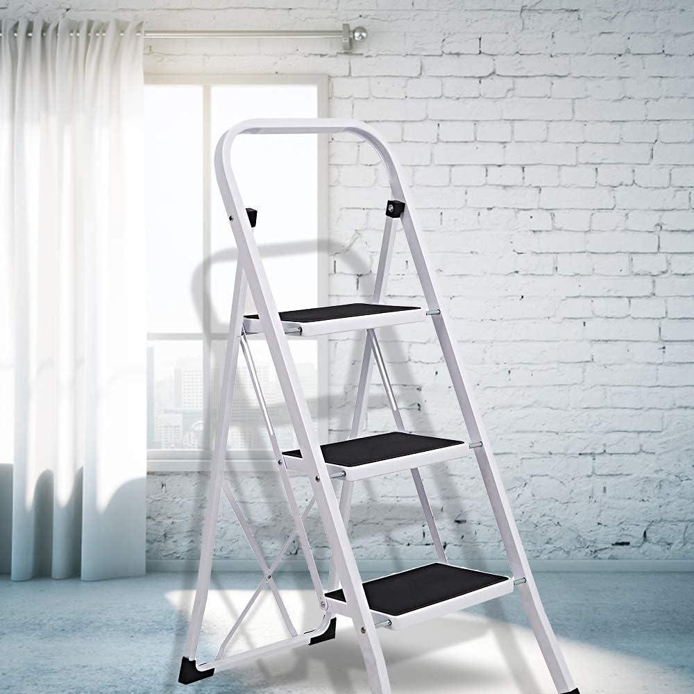 3 Step Ladder Sturdy Step Stool Portable 330lbs Capacity Light Weight for Home Kitchen Office - Luckyermore