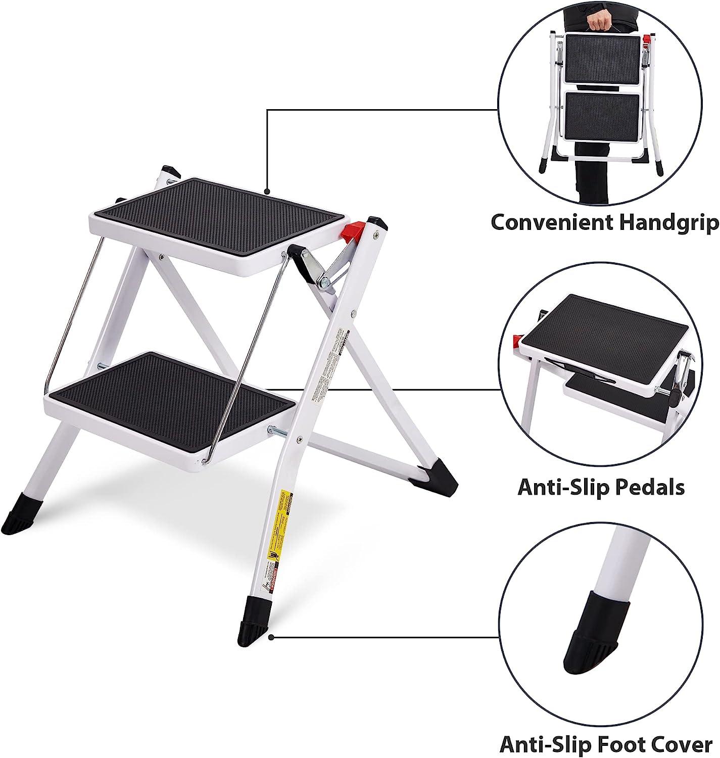 LUCKYERMORE 2 Step Stool Small Foldable Step Ladders with Wide Pedals, 17" 