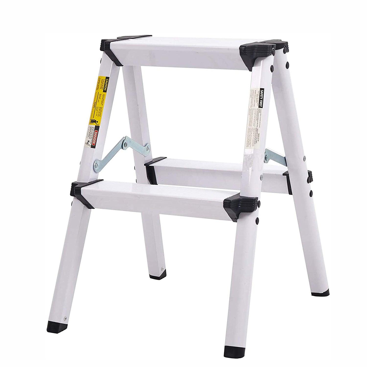 2 Step Ladder Folding White Aluminum Step Stool Capacity 250 lbs for Adults, 20" - Luckyermore