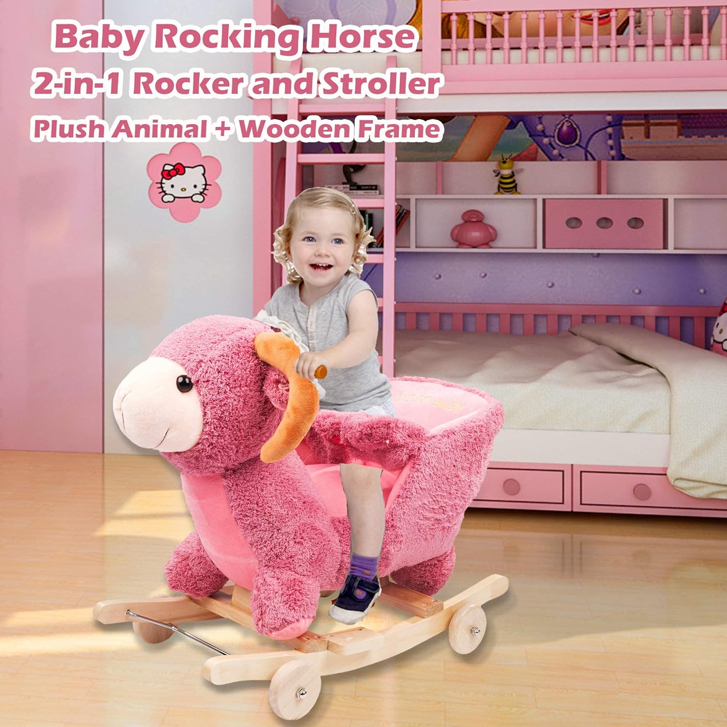 2-in-1 Ride-on Wooden Plush Rocking Horse Chair with Music for Baby Kids Toddlers, Pink Sheep