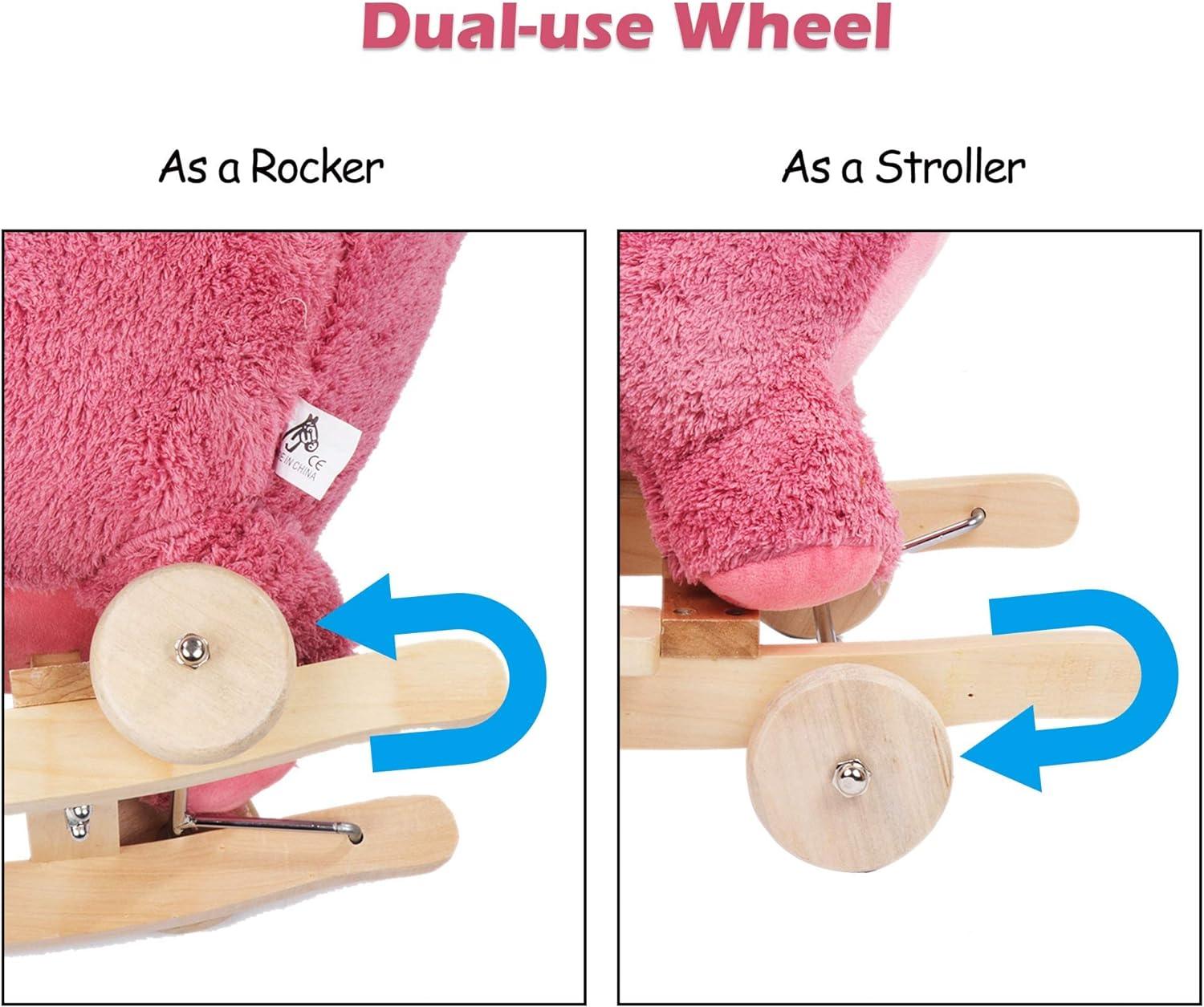 2-in-1 Ride-on Wooden Plush Rocking Horse Chair with Music for Baby Kids Toddlers, Pink Sheep - Luckyermore