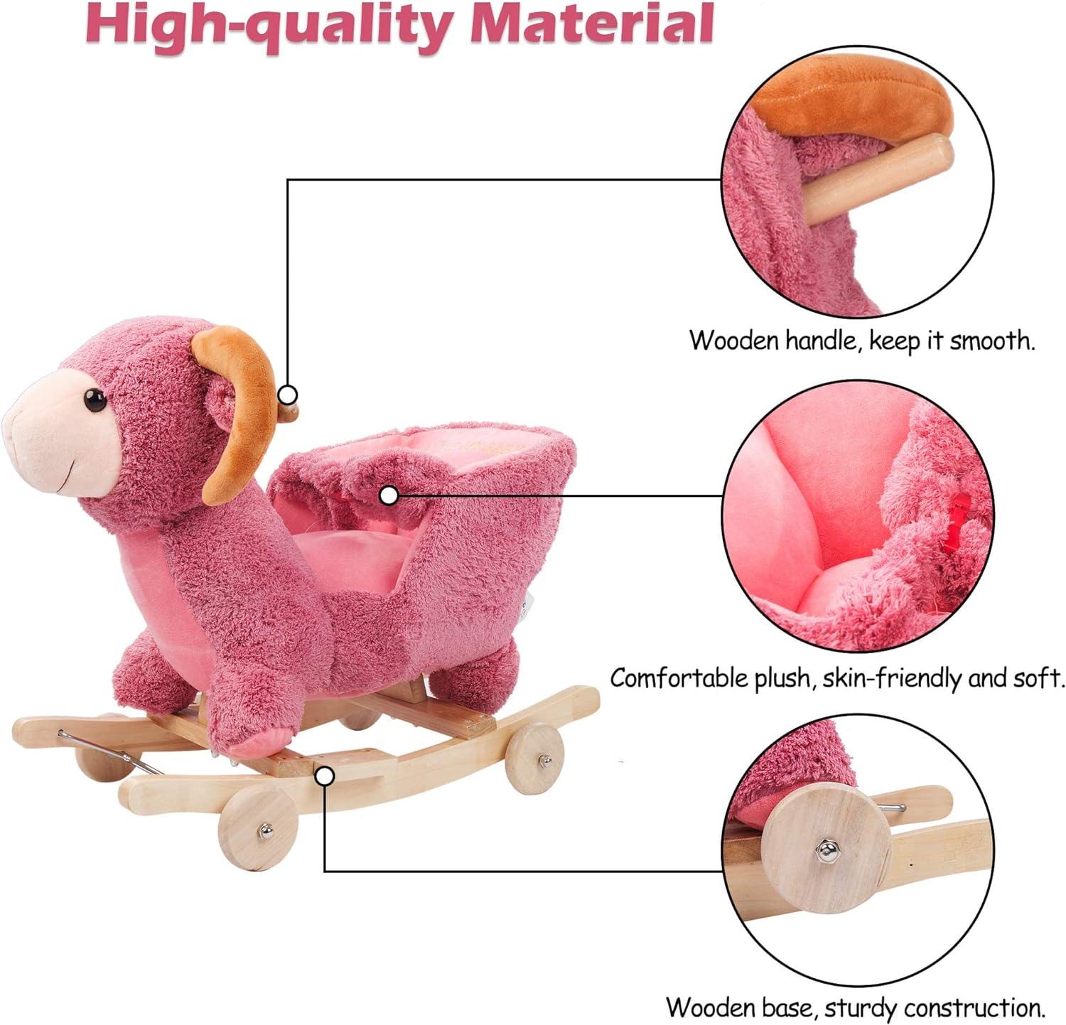 2-in-1 Ride-on Wooden Plush Rocking Horse Chair with Music for Baby Kids Toddlers, Pink Sheep - Luckyermore