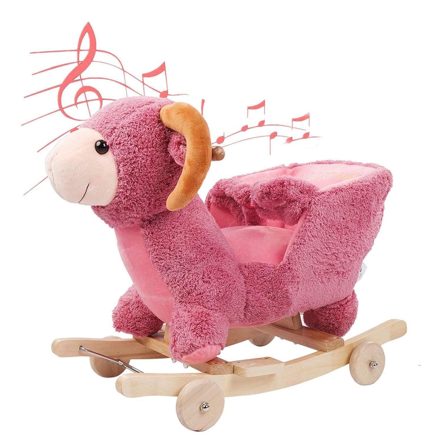2-in-1 Ride-on Wooden Plush Rocking Horse Chair with Music for Baby Kids Toddlers, Pink Sheep - Luckyermore