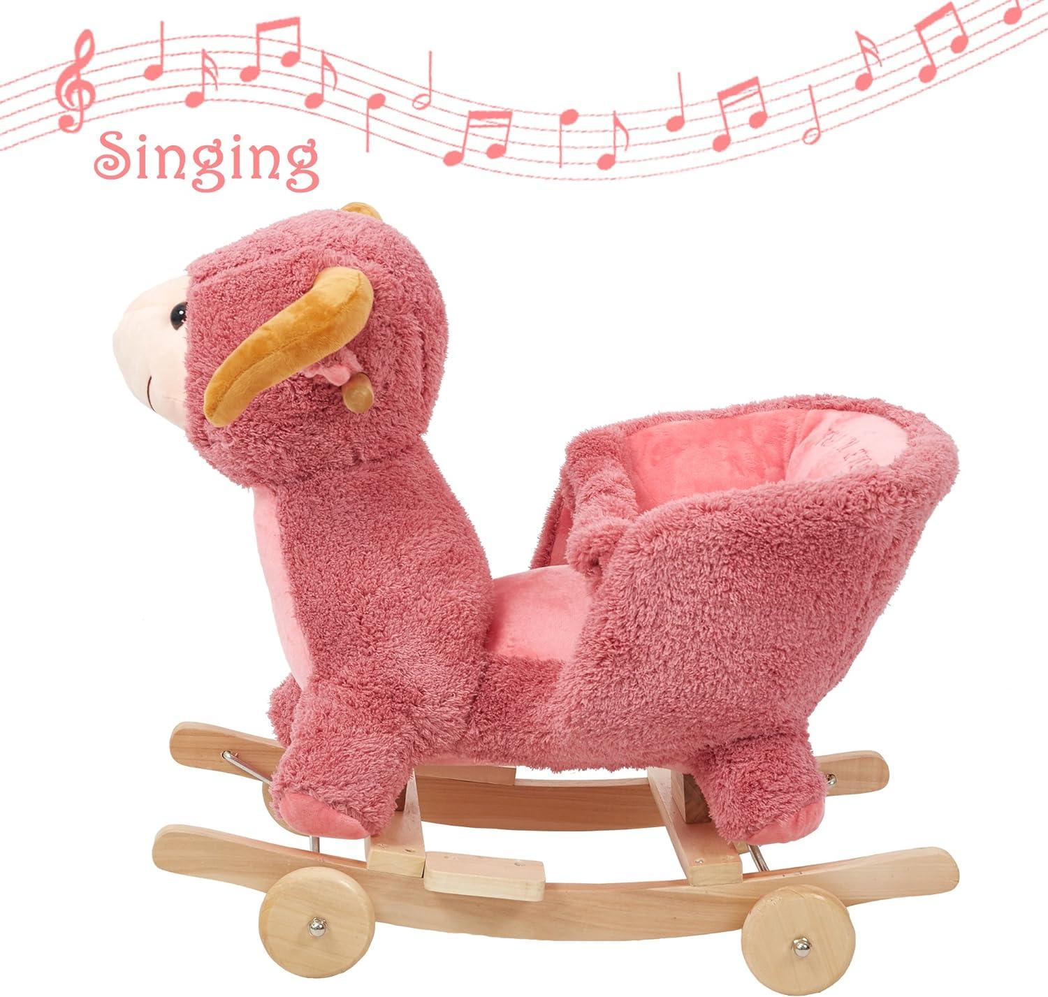 2-in-1 Ride-on Wooden Plush Rocking Horse Chair with Music for Baby Kids Toddlers, Pink Sheep - Luckyermore