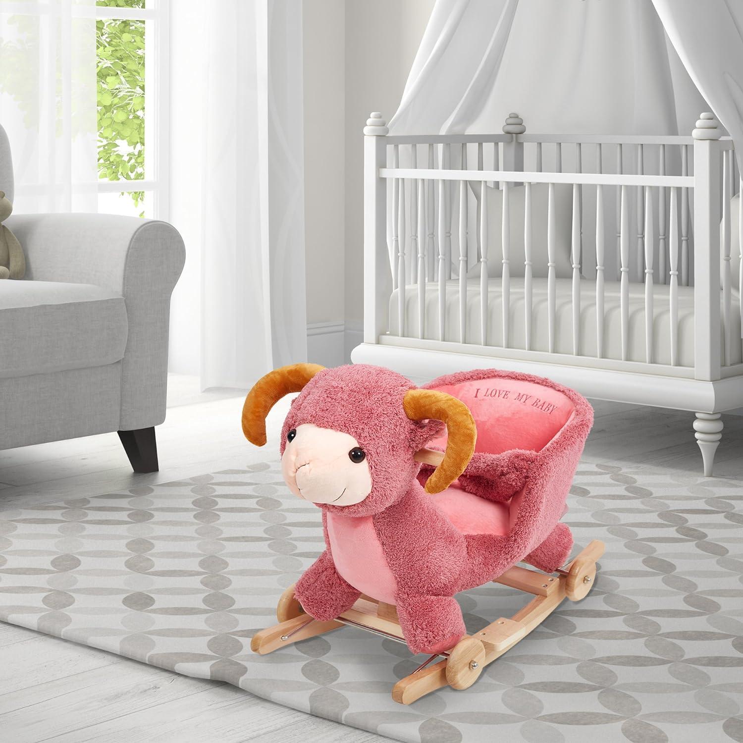 2-in-1 Ride-on Wooden Plush Rocking Horse Chair with Music for Baby Kids Toddlers, Pink Sheep - Luckyermore