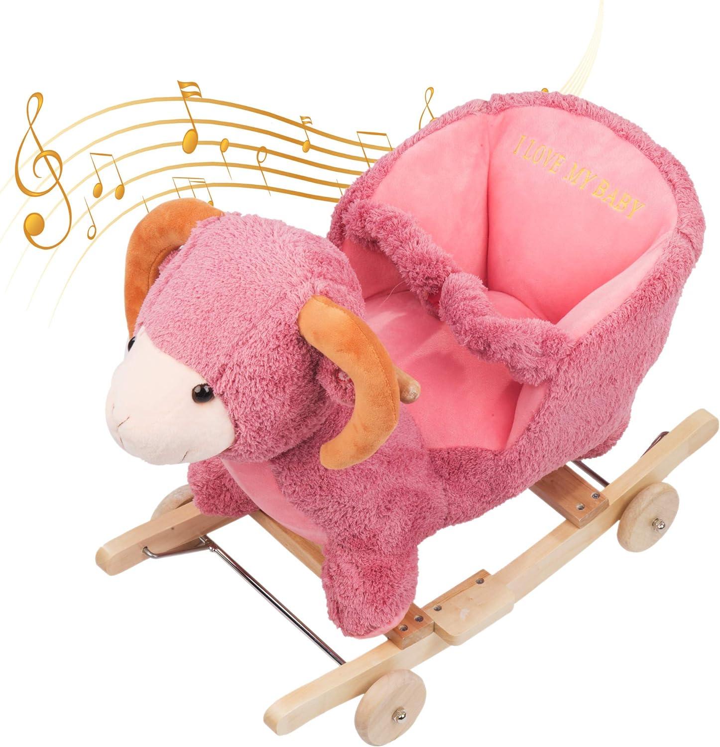 2-in-1 Ride-on Wooden Plush Rocking Horse Chair with Music for Baby Kids Toddlers, Pink Sheep - Luckyermore