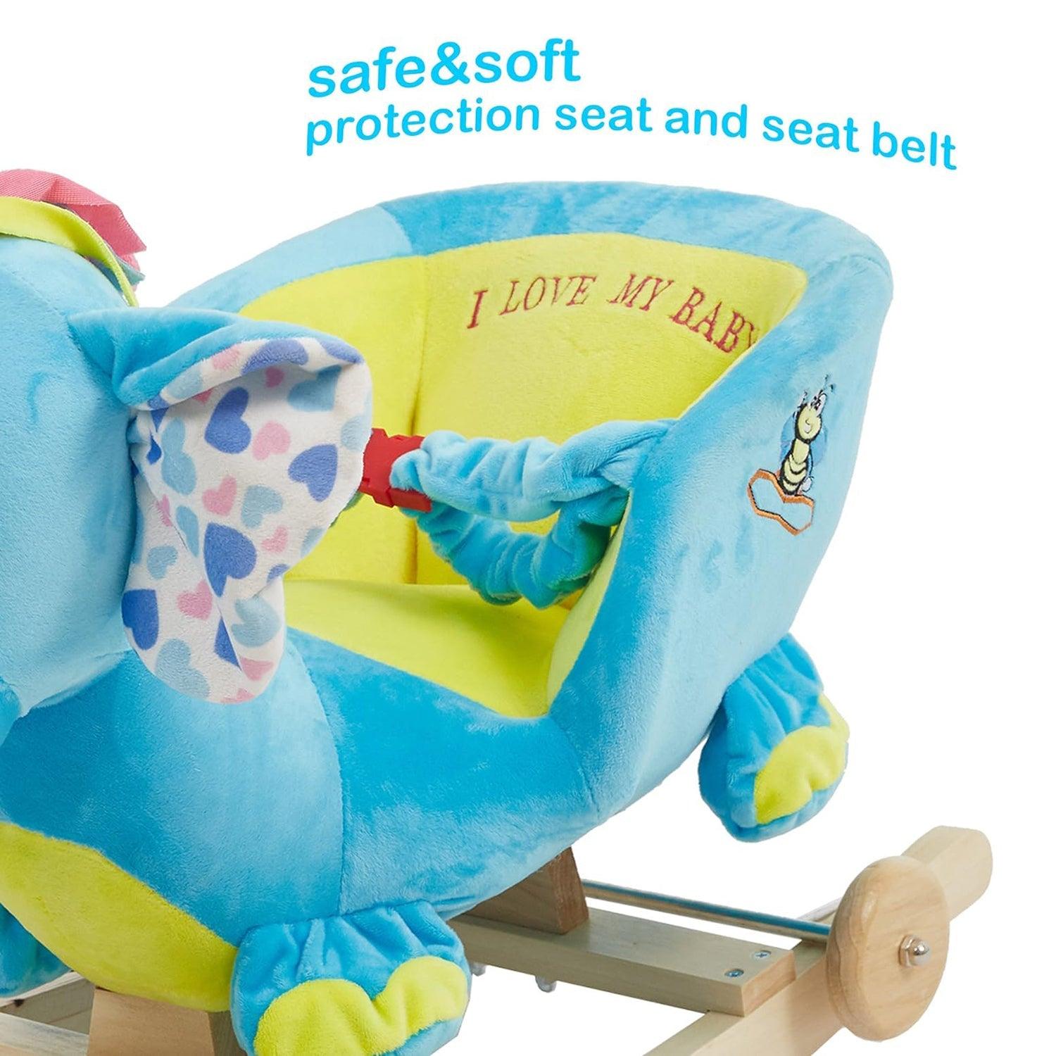 2-in-1 Ride-on Wooden Plush Rocking Horse Chair with Music for Baby Kids Toddlers, Blue Elephant