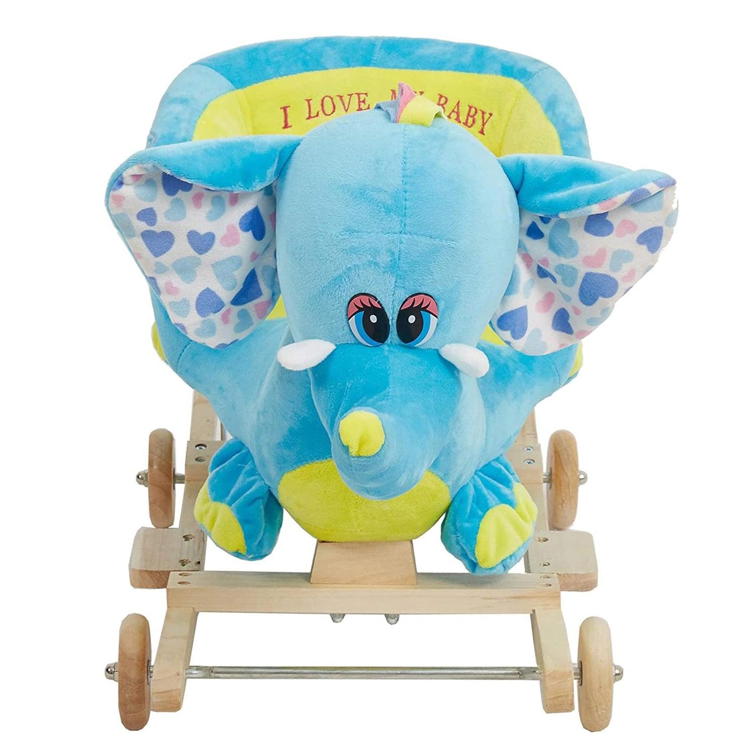 2-in-1 Ride-on Wooden Plush Rocking Horse Chair with Music for Baby Kids Toddlers, Blue Elephant