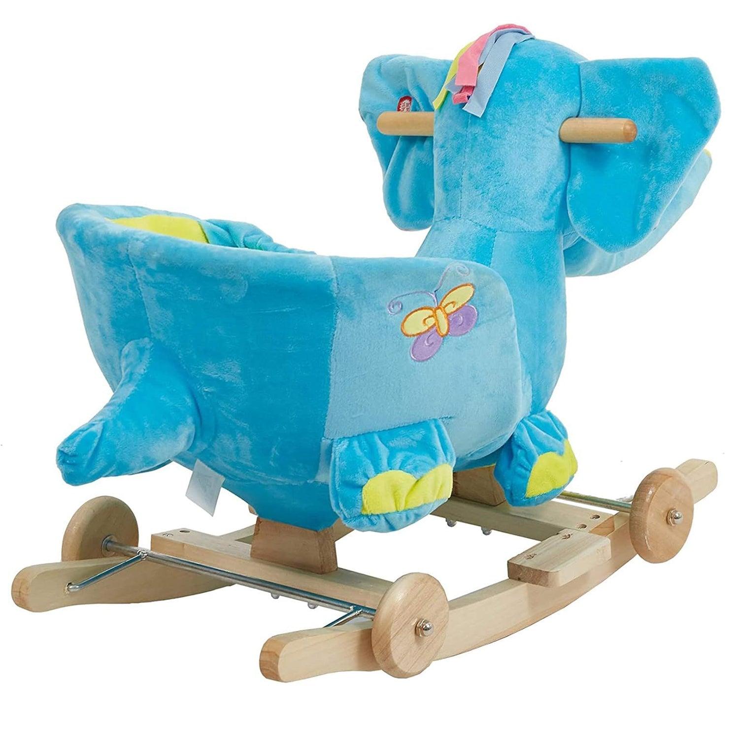 2-in-1 Ride-on Wooden Plush Rocking Horse Chair with Music for Baby Kids Toddlers, Blue Elephant - Luckyermore