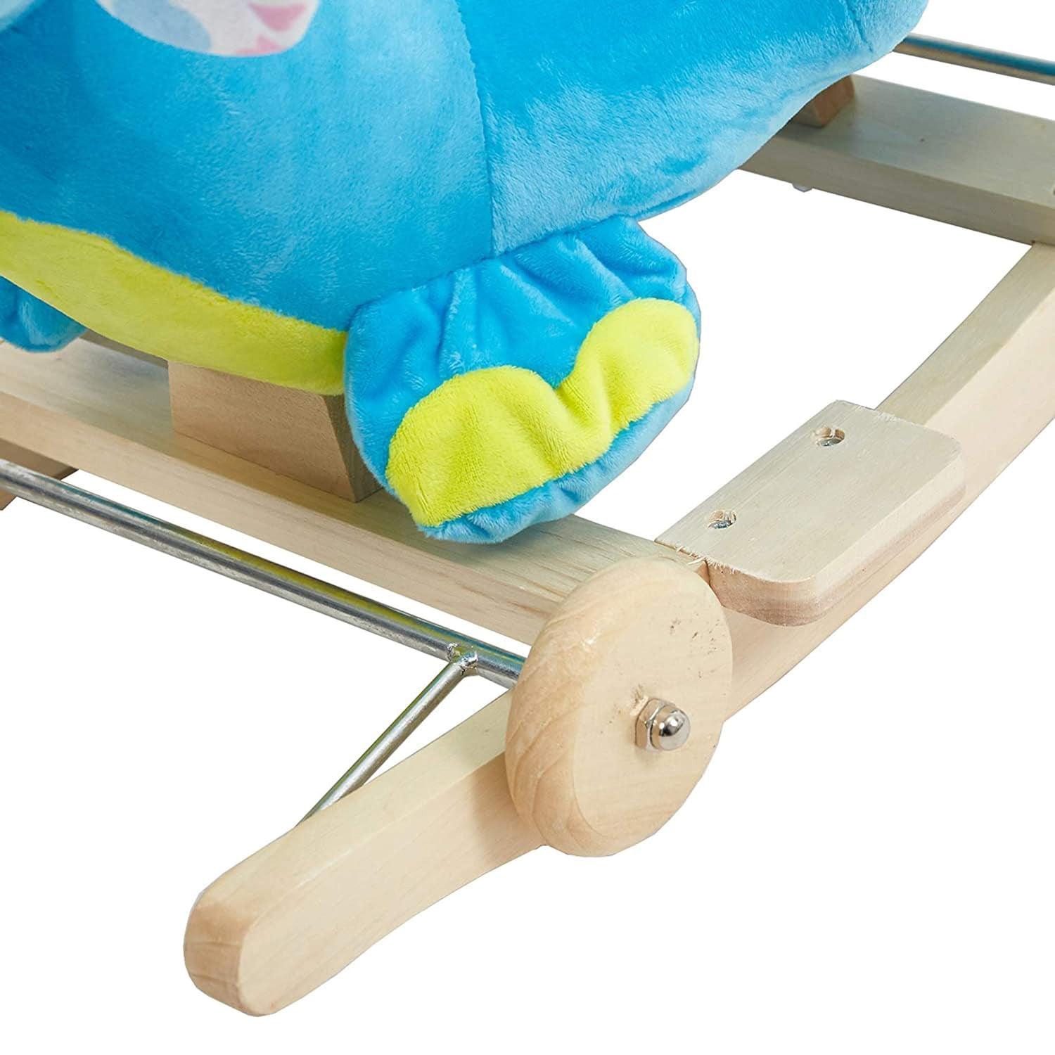 2-in-1 Ride-on Wooden Plush Rocking Horse Chair with Music for Baby Kids Toddlers, Blue Elephant - Luckyermore