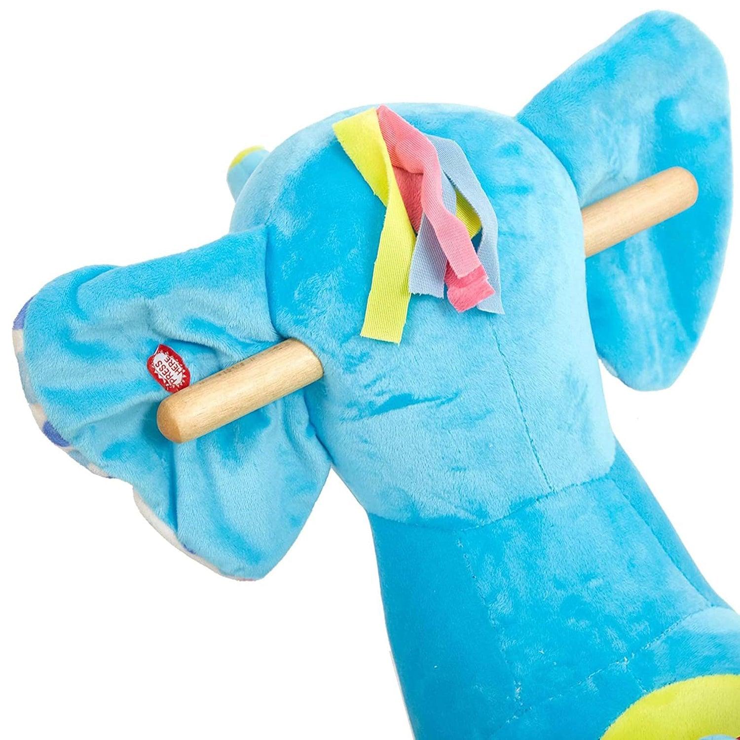 2-in-1 Ride-on Wooden Plush Rocking Horse Chair with Music for Baby Kids Toddlers, Blue Elephant - Luckyermore