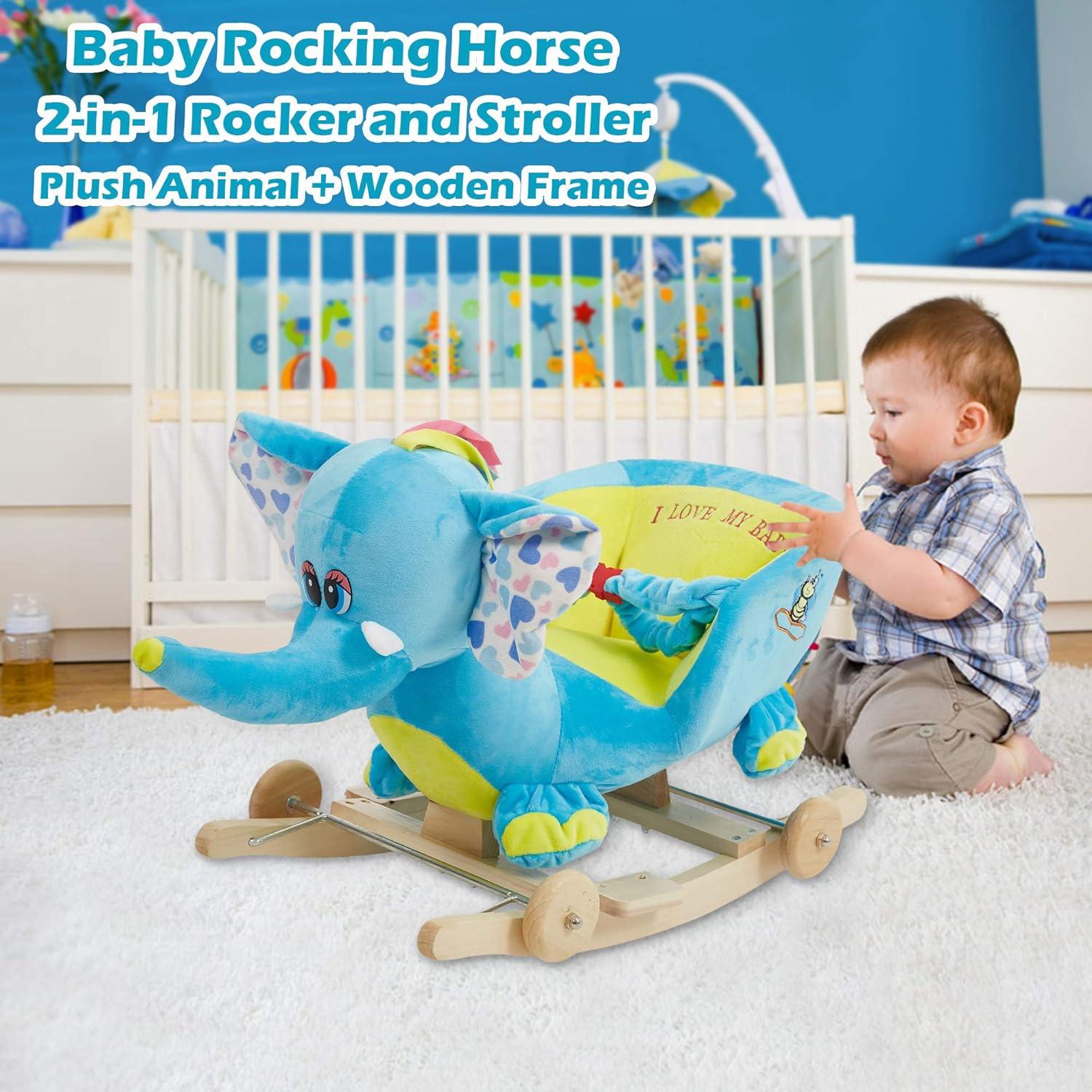 2-in-1 Ride-on Wooden Plush Rocking Horse Chair with Music for Baby Kids Toddlers, Blue Elephant - Luckyermore