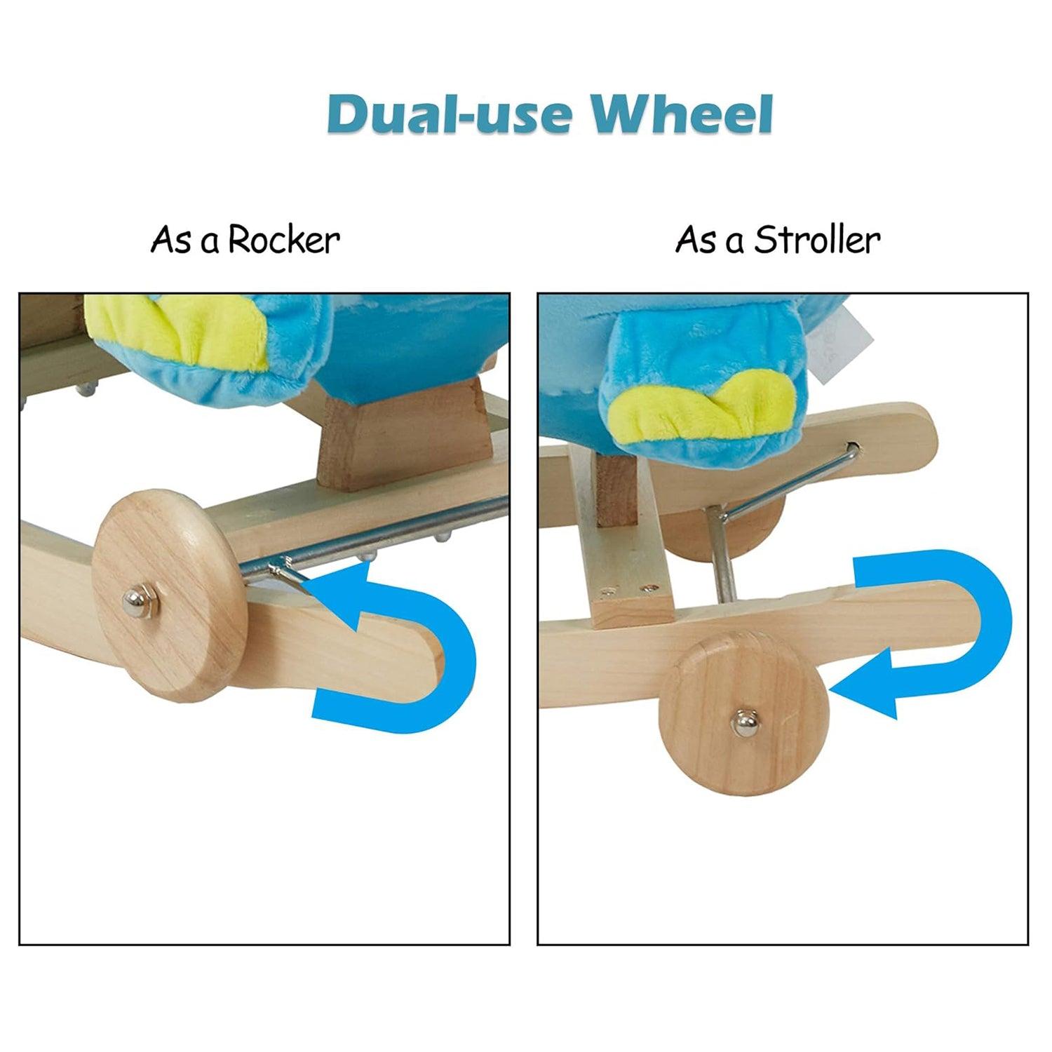 2-in-1 Ride-on Wooden Plush Rocking Horse Chair with Music for Baby Kids Toddlers, Blue Elephant - Luckyermore
