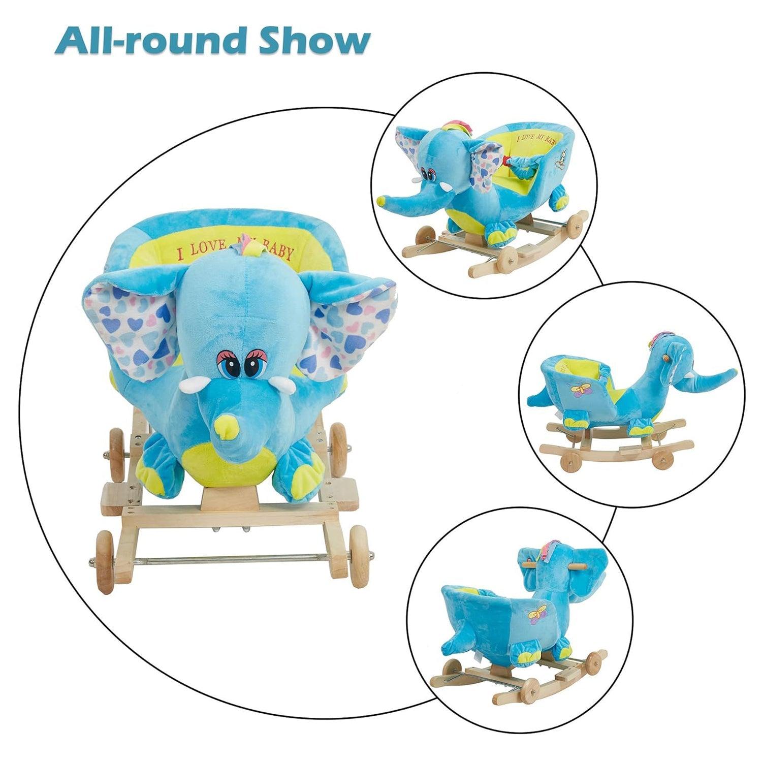 2-in-1 Ride-on Wooden Plush Rocking Horse Chair with Music for Baby Kids Toddlers, Blue Elephant - Luckyermore