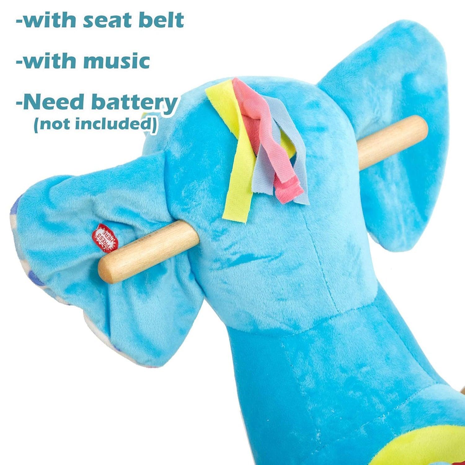2-in-1 Ride-on Wooden Plush Rocking Horse Chair with Music for Baby Kids Toddlers, Blue Elephant - Luckyermore