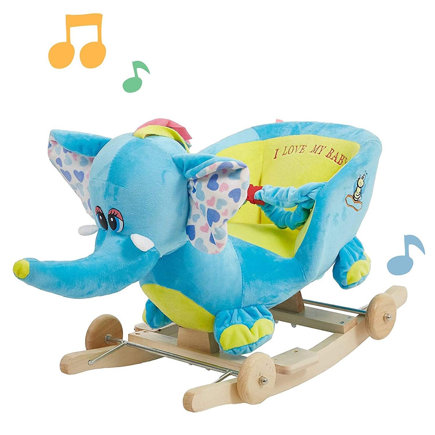 2-in-1 Ride-on Wooden Plush Rocking Horse Chair with Music for Baby Kids Toddlers, Blue Elephant - Luckyermore