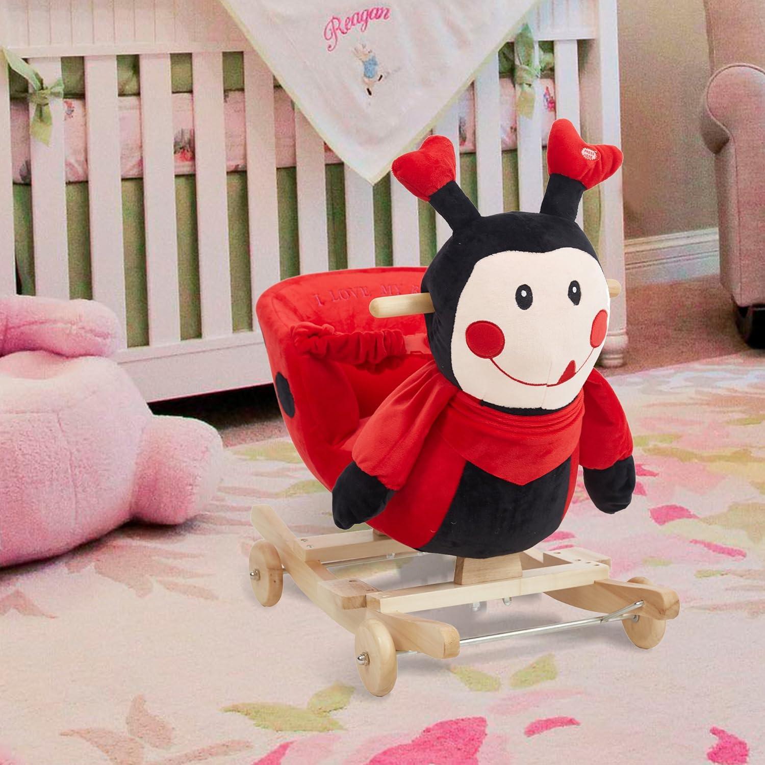 2-in-1 Ride-on Wooden Plush Rocking Horse Chair with Music for Baby Kids Toddlers, Red Ladybug - Luckyermore