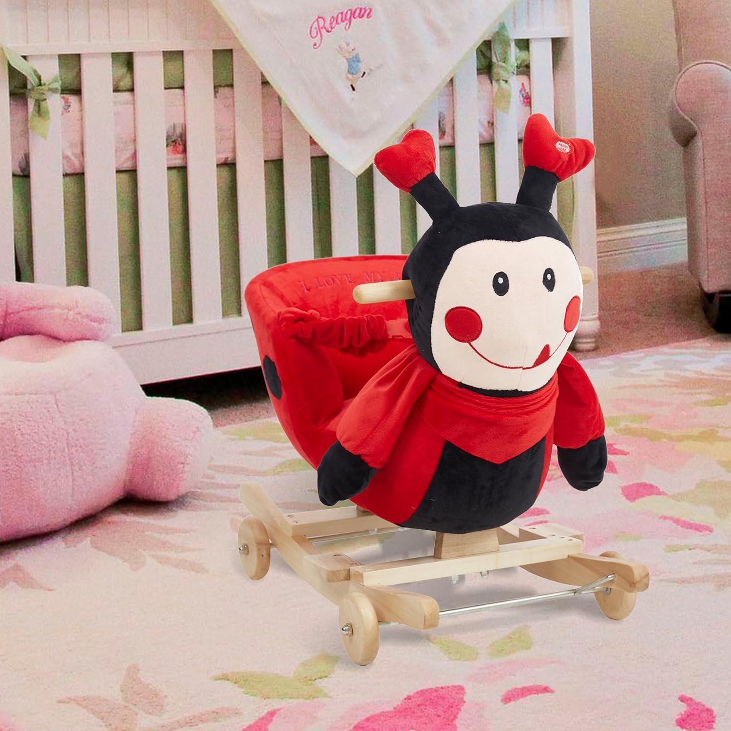 2-in-1 Ride-on Wooden Plush Rocking Horse Chair with Music for Baby Kids Toddlers, Red Ladybug