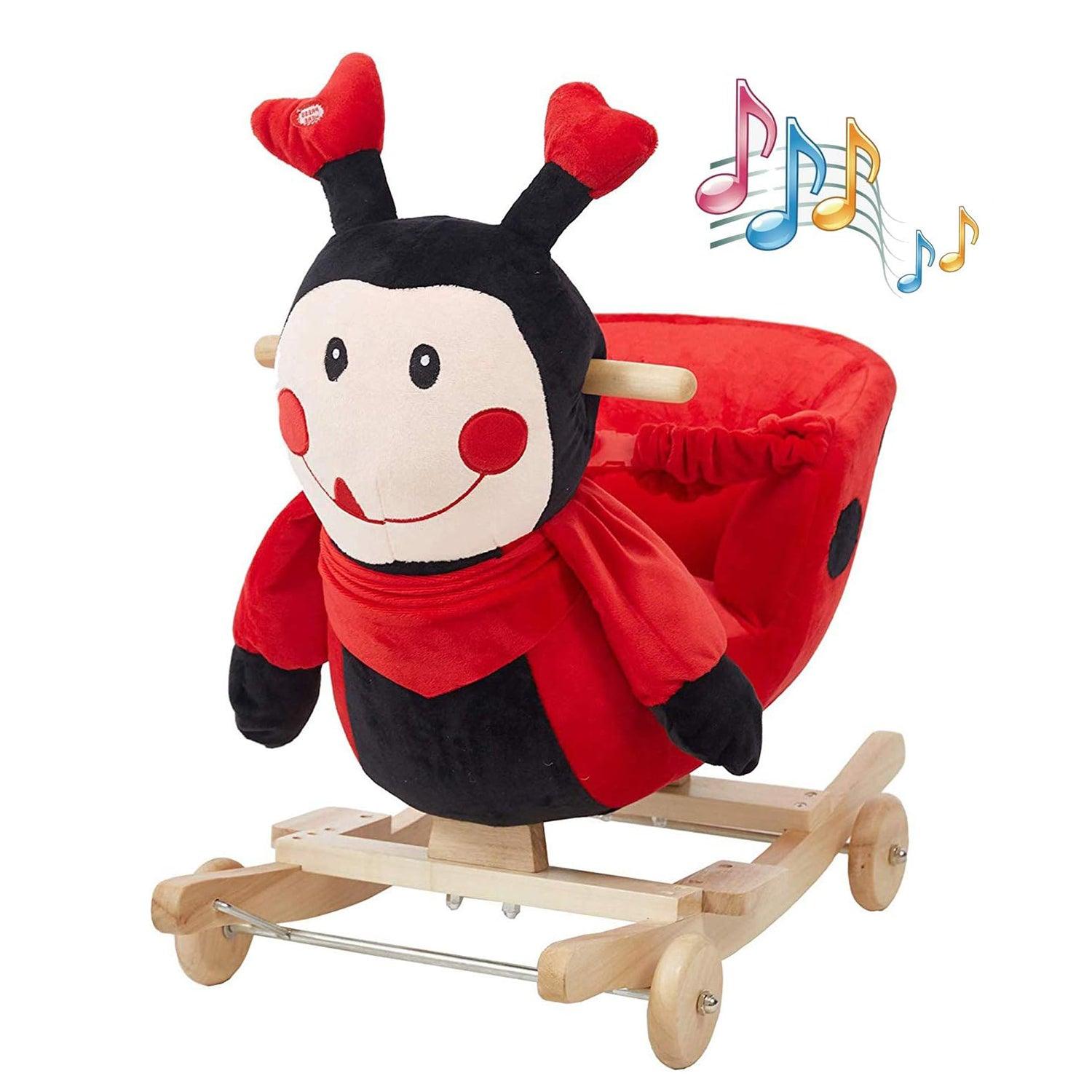 2-in-1 Ride-on Wooden Plush Rocking Horse Chair with Music for Baby Kids Toddlers, Red Ladybug - Luckyermore