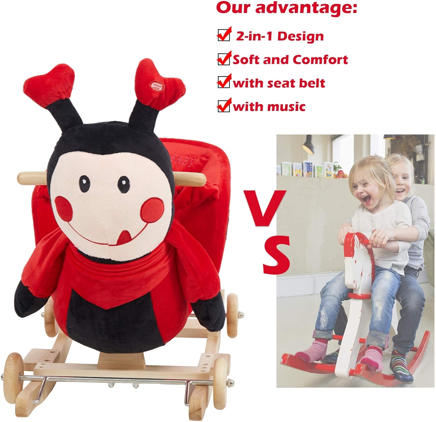 2-in-1 Ride-on Wooden Plush Rocking Horse Chair with Music for Baby Kids Toddlers, Red Ladybug
