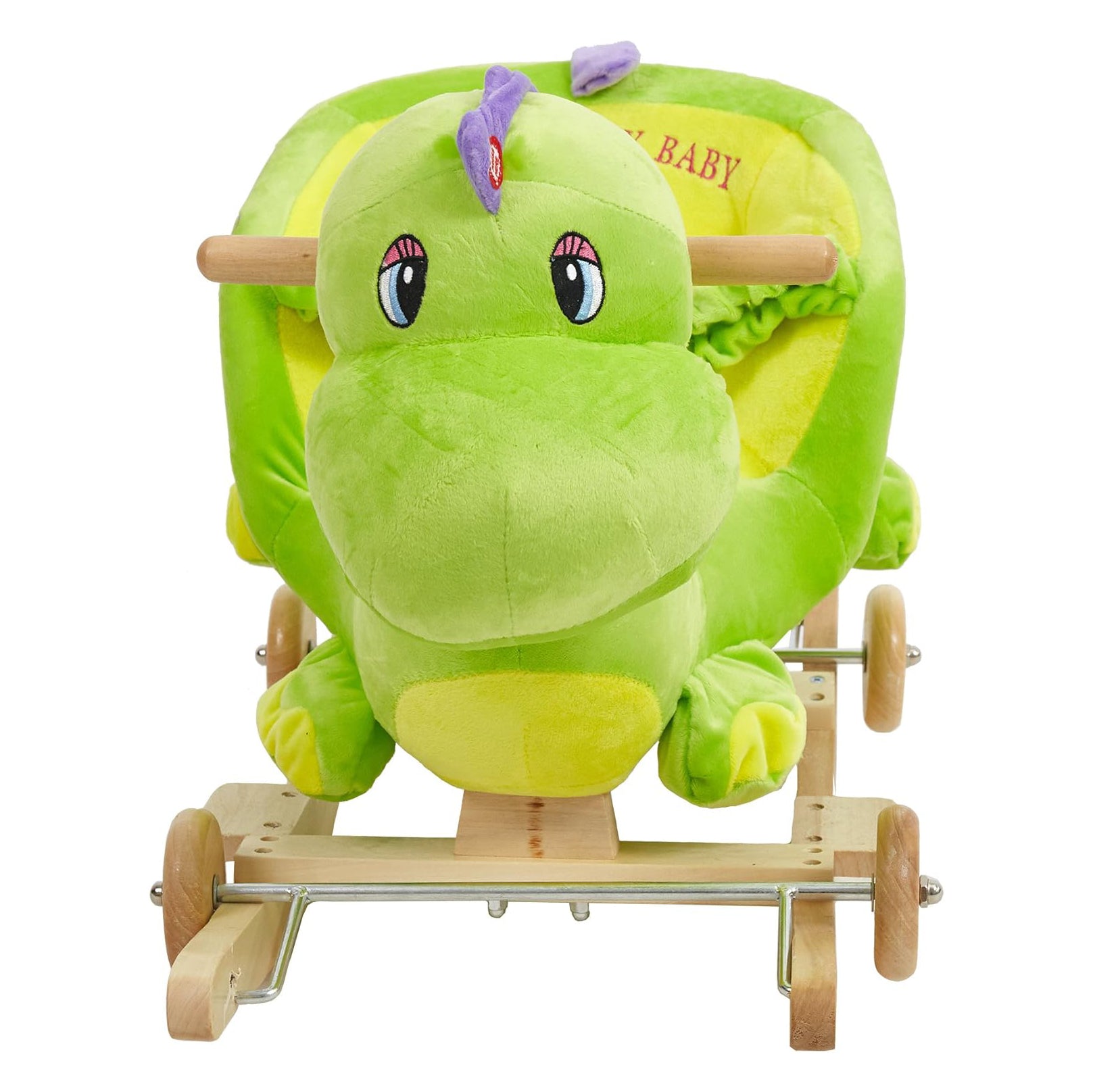 2-in-1 Ride-on Wooden Plush Rocking Horse Chair with Music for Baby Kids Toddlers, Green Dinosaur