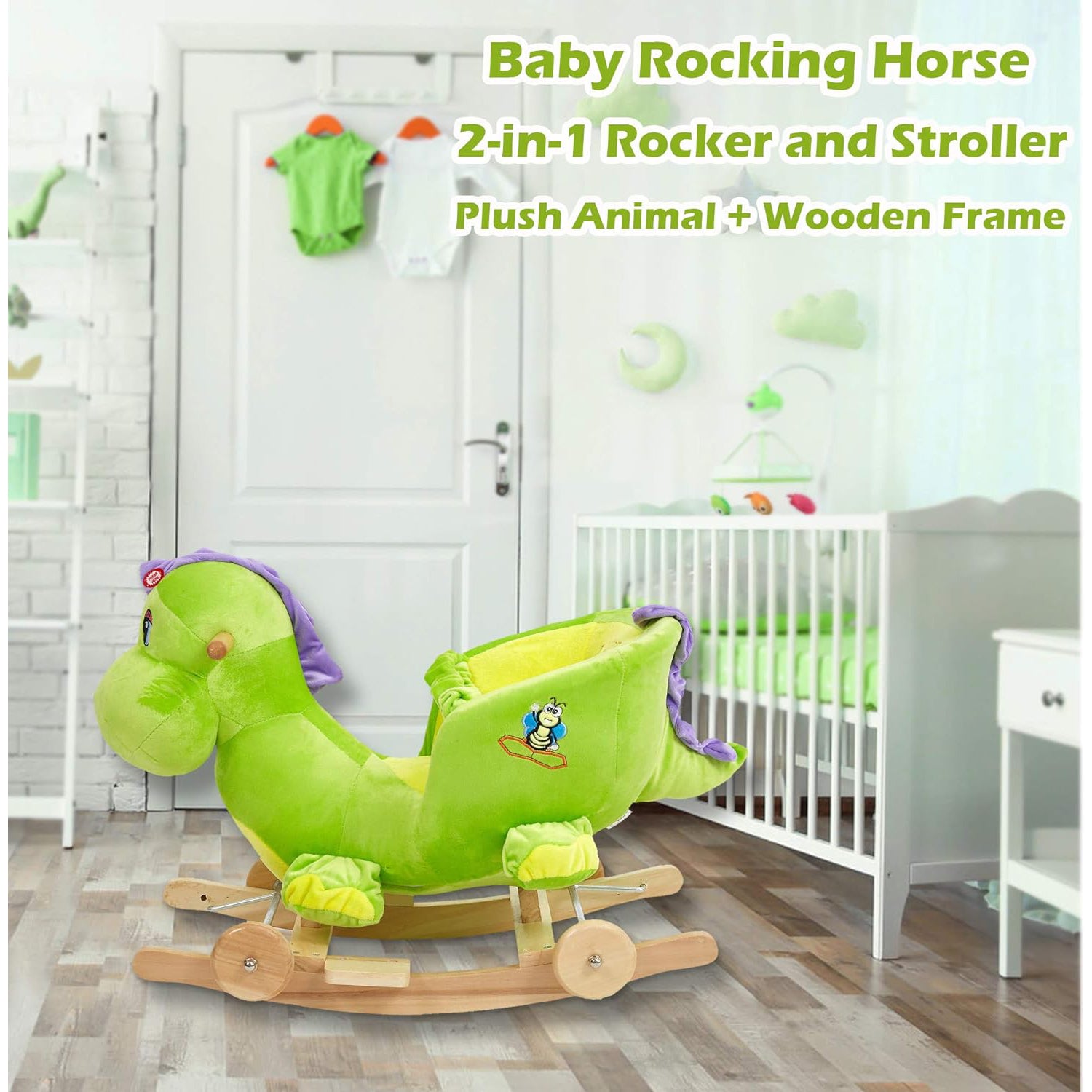 2-in-1 Ride-on Wooden Plush Rocking Horse Chair with Music for Baby Kids Toddlers, Green Dinosaur
