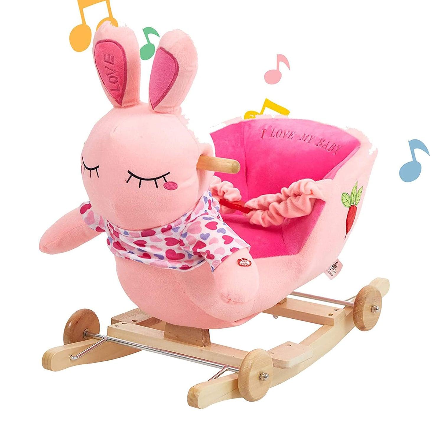 2-in-1 Ride-on Wooden Plush Rocking Horse Chair with Music for Baby Kids Toddlers, Pink Rabbit - Luckyermore