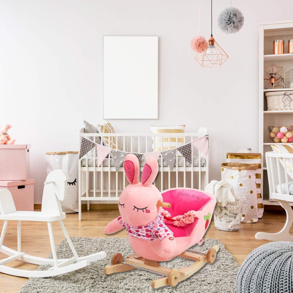 2-in-1 Ride-on Wooden Plush Rocking Horse Chair with Music for Baby Kids Toddlers, Pink Rabbit - Luckyermore