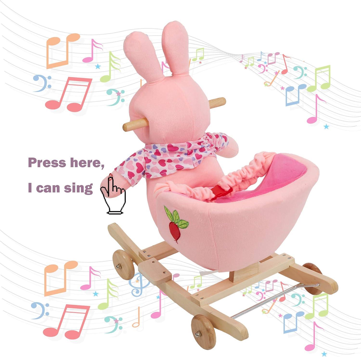 2-in-1 Ride-on Wooden Plush Rocking Horse Chair with Music for Baby Kids Toddlers, Pink Rabbit - Luckyermore