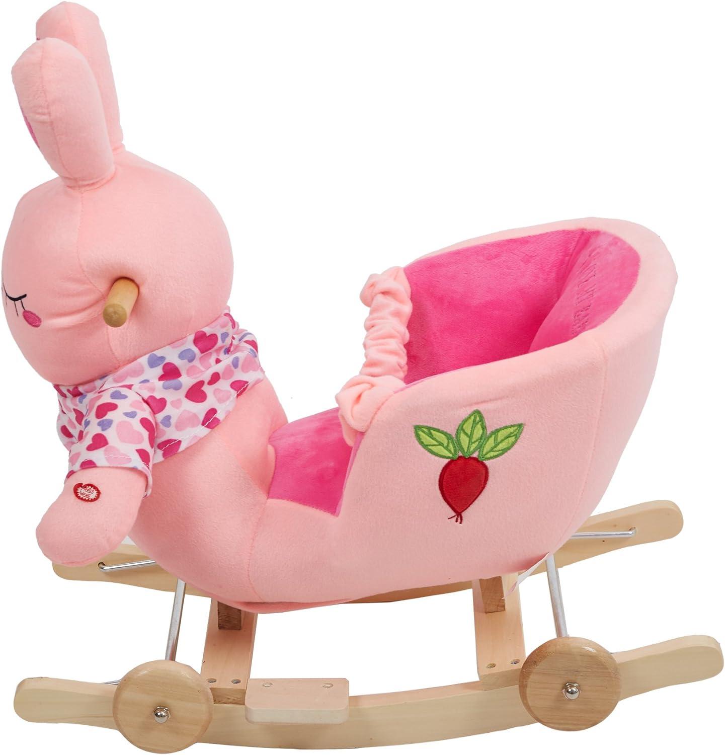 2-in-1 Ride-on Wooden Plush Rocking Horse Chair with Music for Baby Kids Toddlers, Pink Rabbit - Luckyermore