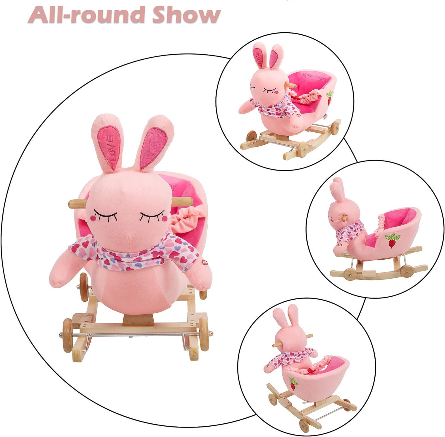 2-in-1 Ride-on Wooden Plush Rocking Horse Chair with Music for Baby Kids Toddlers, Pink Rabbit - Luckyermore