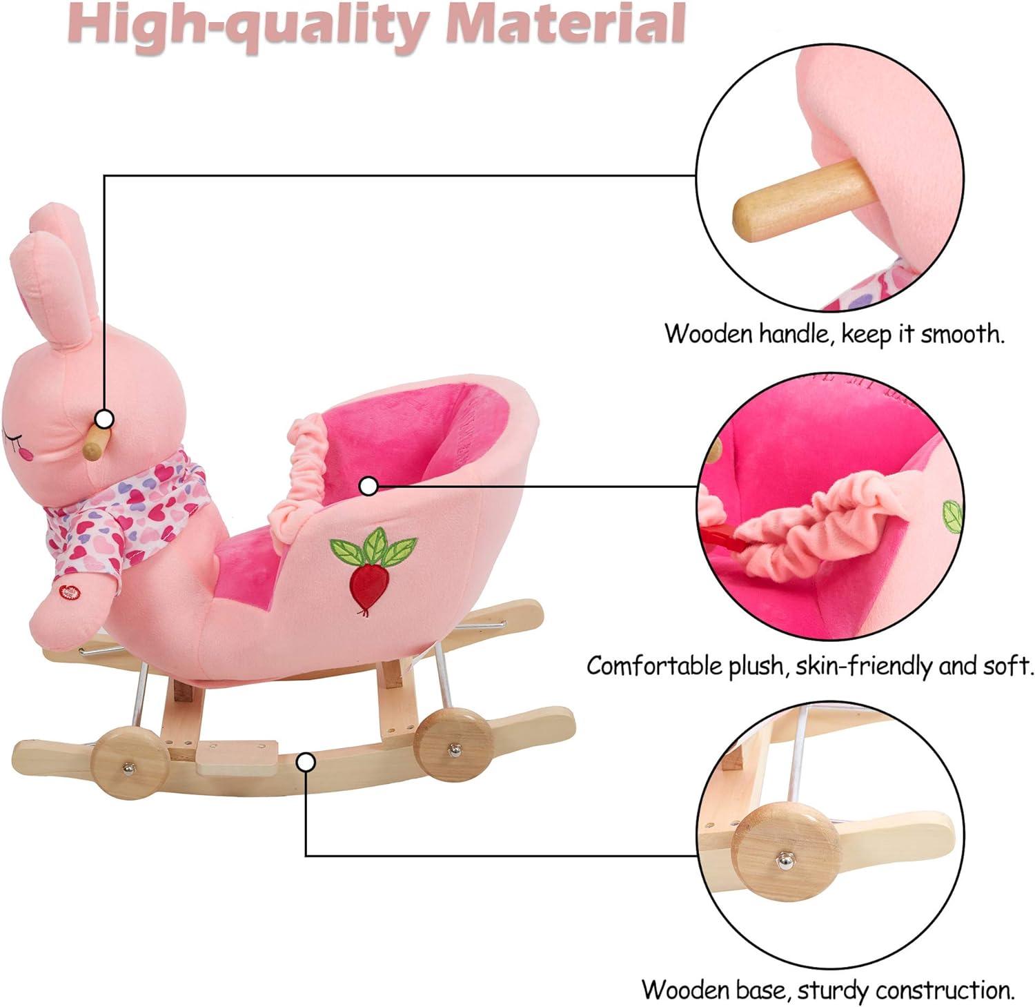 2-in-1 Ride-on Wooden Plush Rocking Horse Chair with Music for Baby Kids Toddlers, Pink Rabbit - Luckyermore