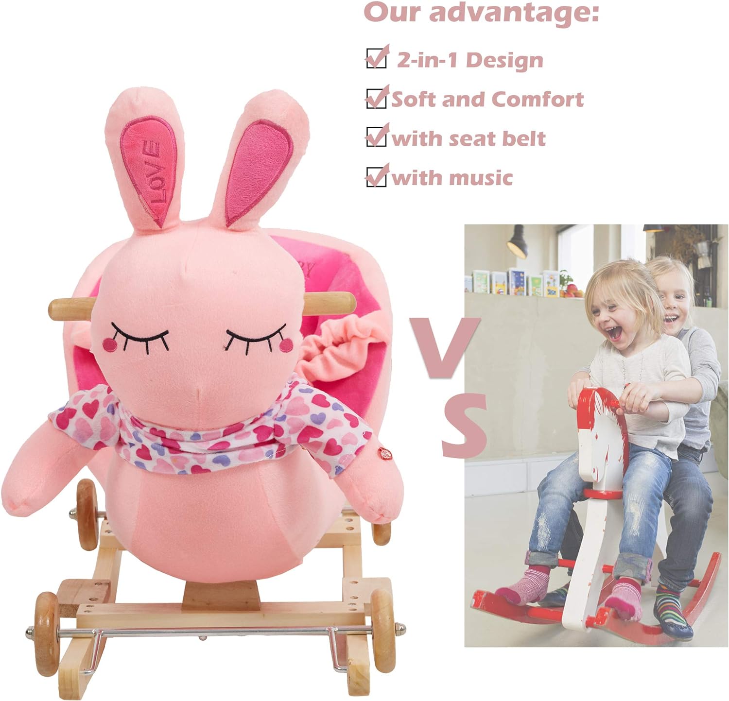 2-in-1 Ride-on Wooden Plush Rocking Horse Chair with Music for Baby Kids Toddlers, Pink Rabbit