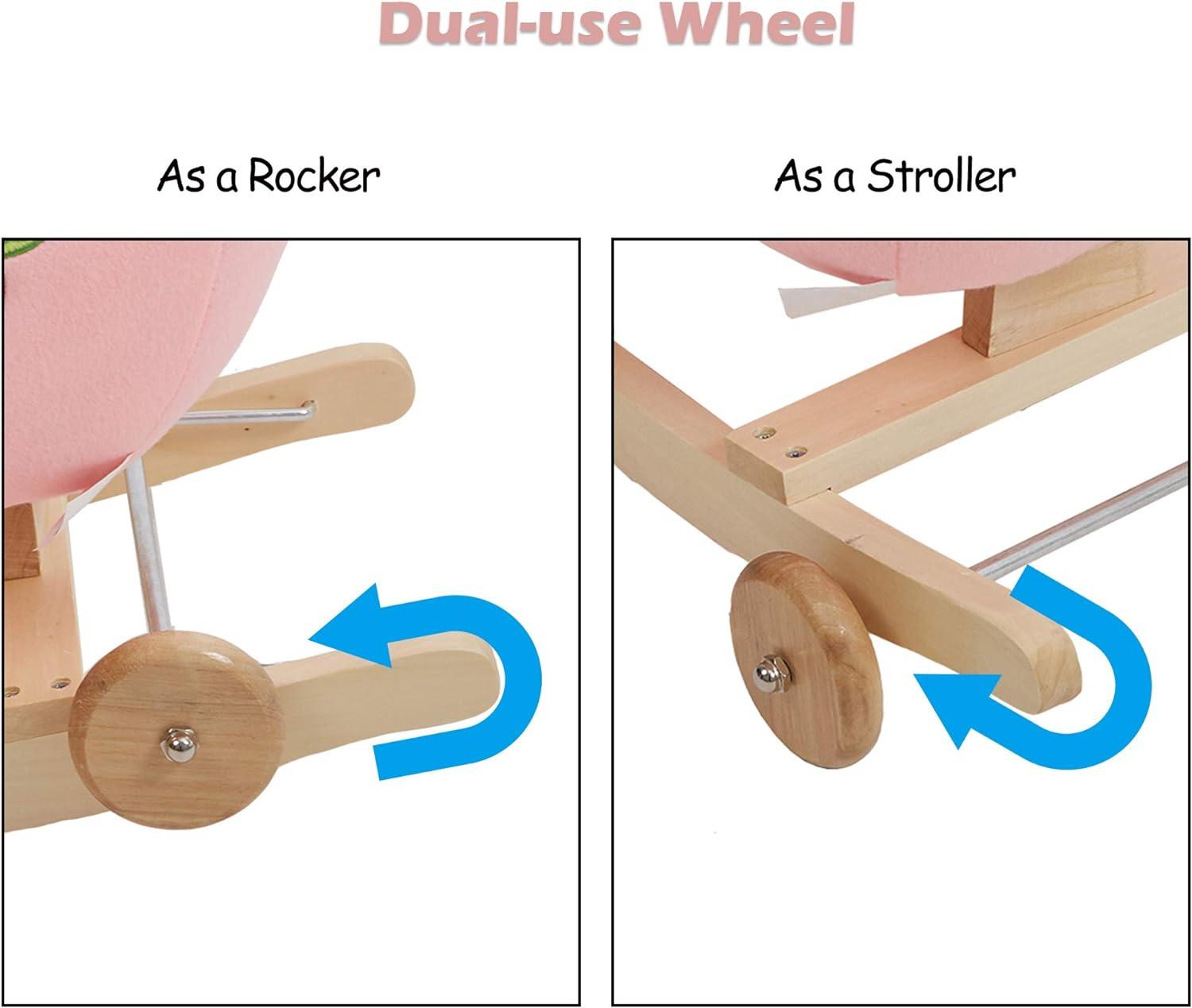 2-in-1 Ride-on Wooden Plush Rocking Horse Chair with Music for Baby Kids Toddlers, Pink Rabbit - Luckyermore
