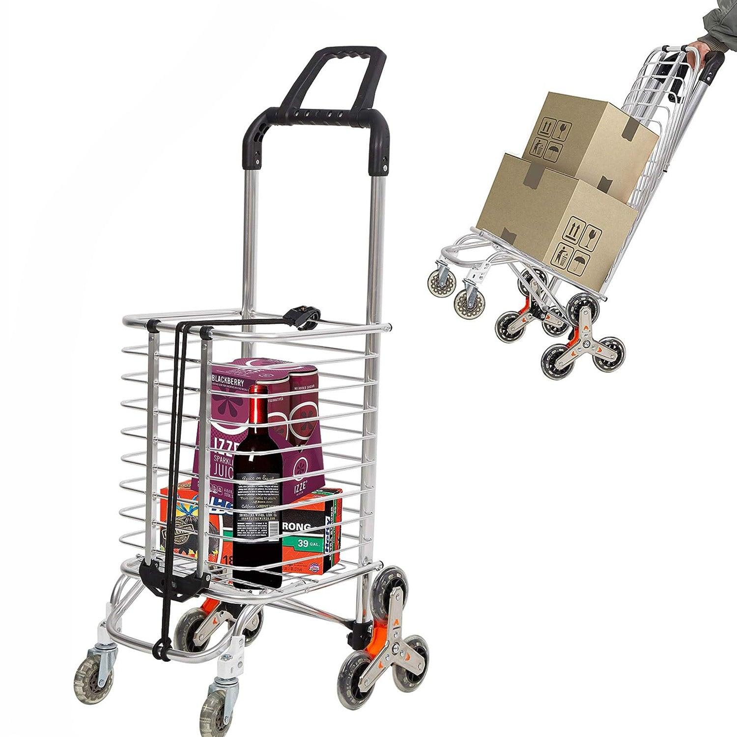 2 in 1 Folding Stair Climbing Shopping Cart Collapsible Portable Grocery Utility Dolly Hand Cart with Rolling Wheels