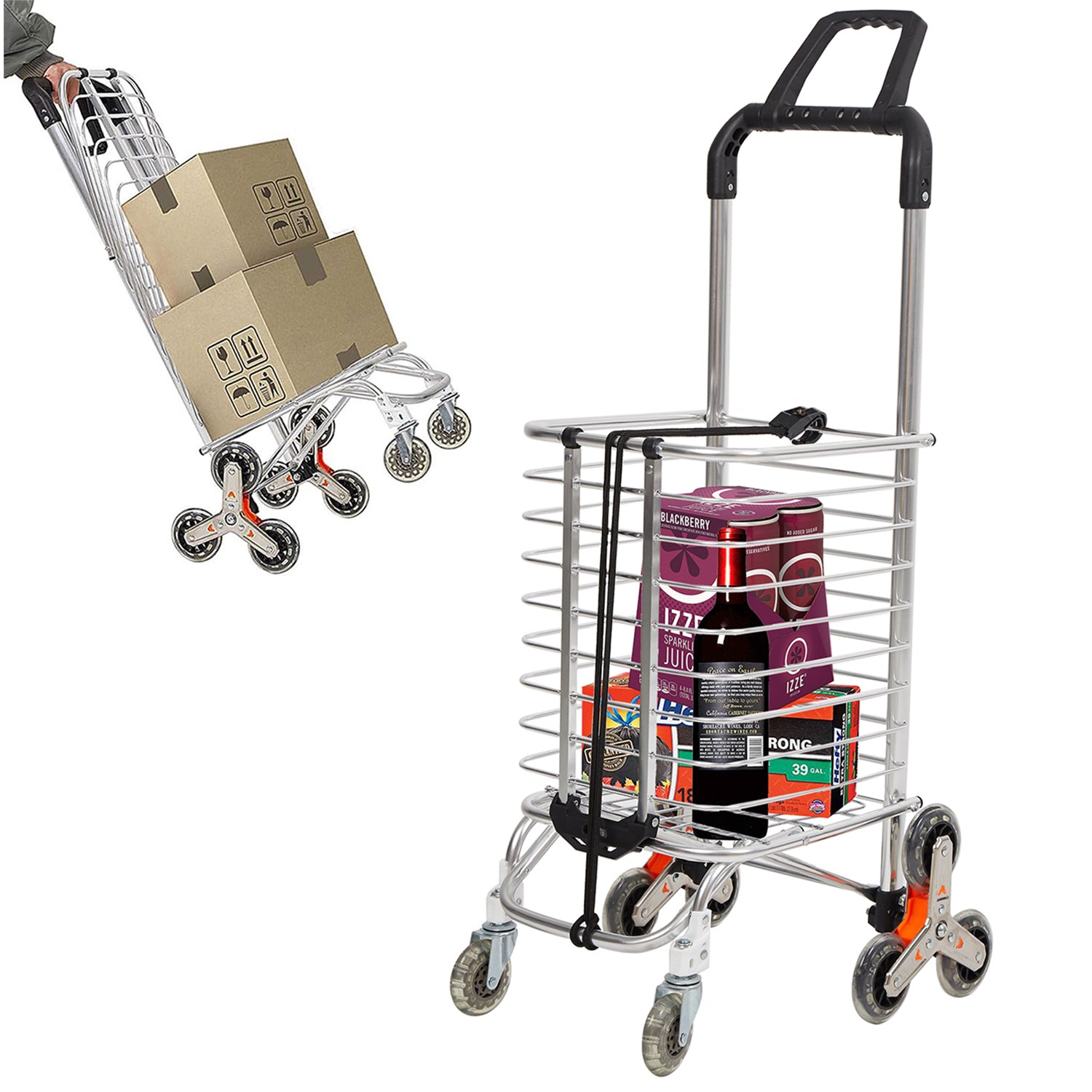 2 in 1 Folding Stair Climbing Shopping Cart Collapsible Portable Grocery Utility Dolly Hand Cart with Rolling Wheels